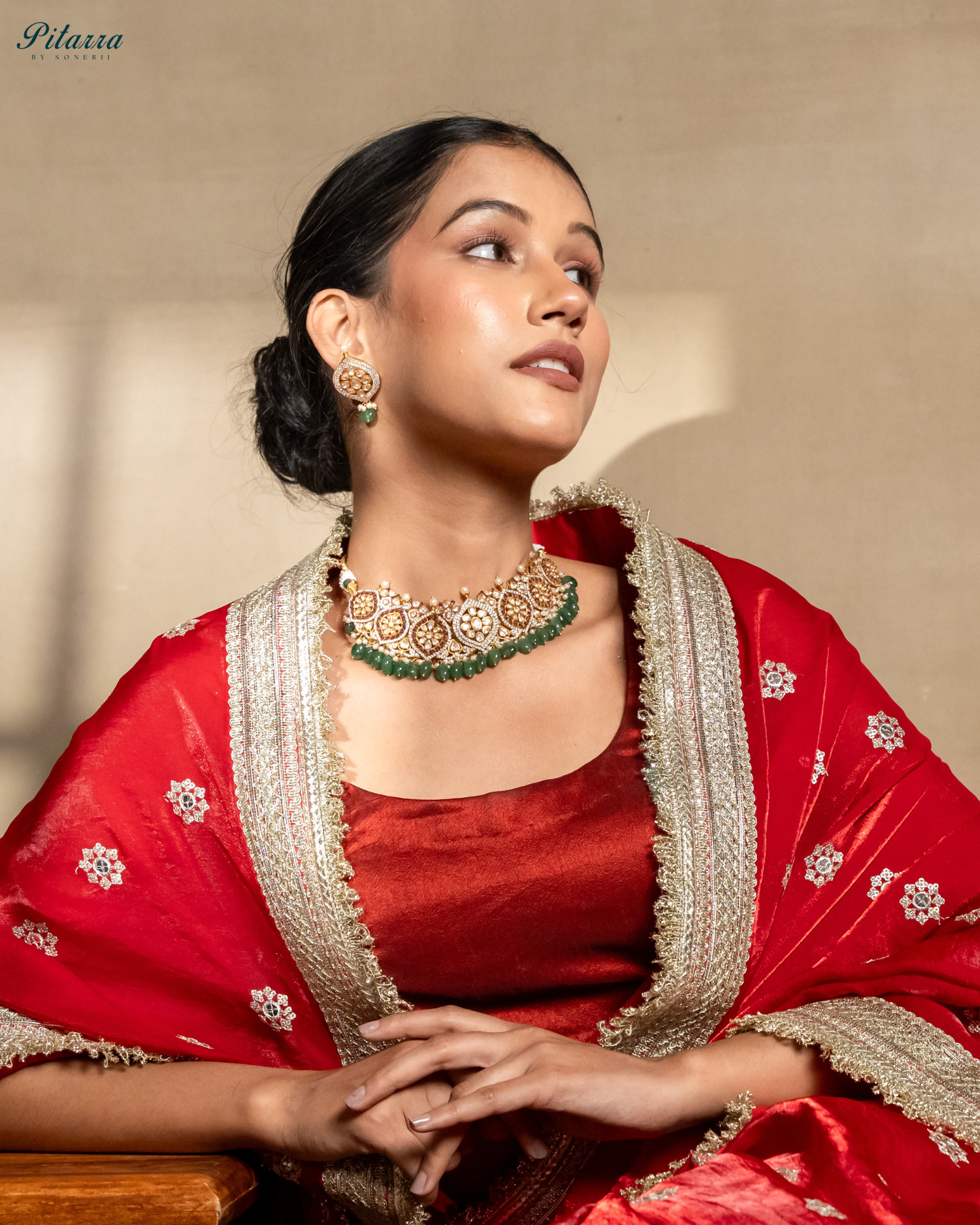 Green Pearl Gold Jadau Traditional Kundan Necklace Set Model Full Shoot