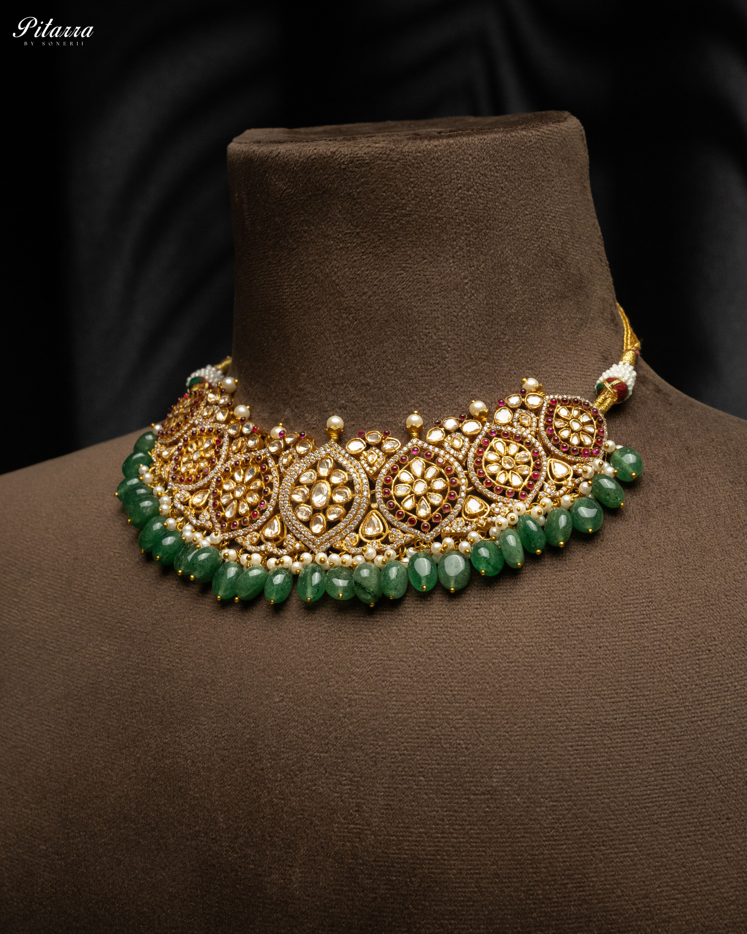 Green Pearl Gold Jadau Traditional Kundan Necklace Set Side Angle