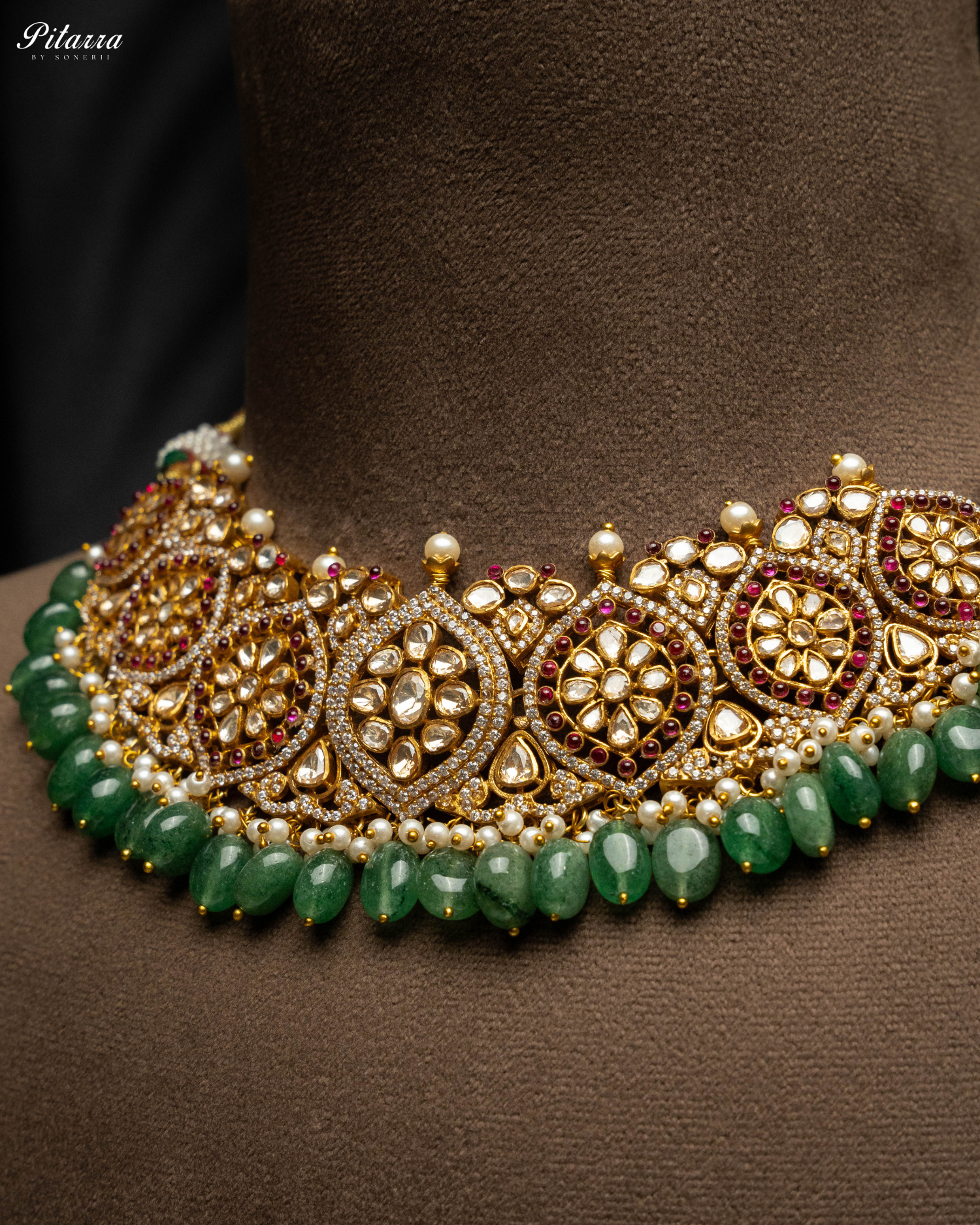 Green Pearl Gold Jadau Traditional Kundan Necklace Set Zoom Angle