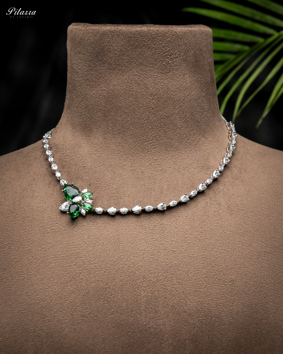 Green Rhodium Plated CZ Necklace Set_Necklace