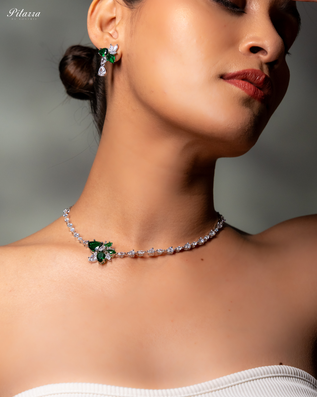 Green Rhodium Plated CZ Necklace Set_Right Angle