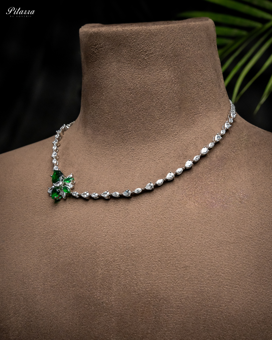 Green Rhodium Plated CZ Necklace Set_Side Angle