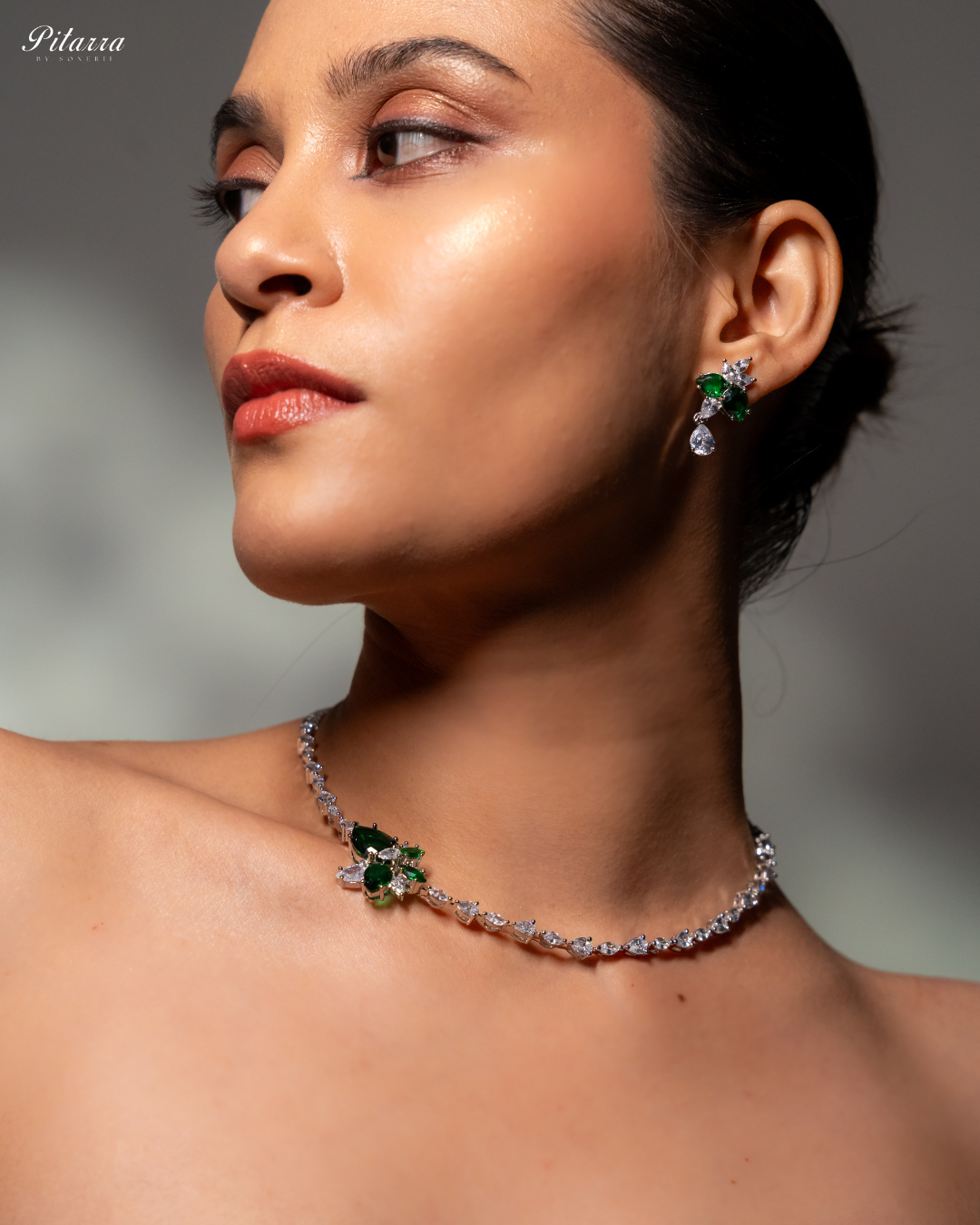 Green Rhodium Plated CZ Necklace Set_Side Pose