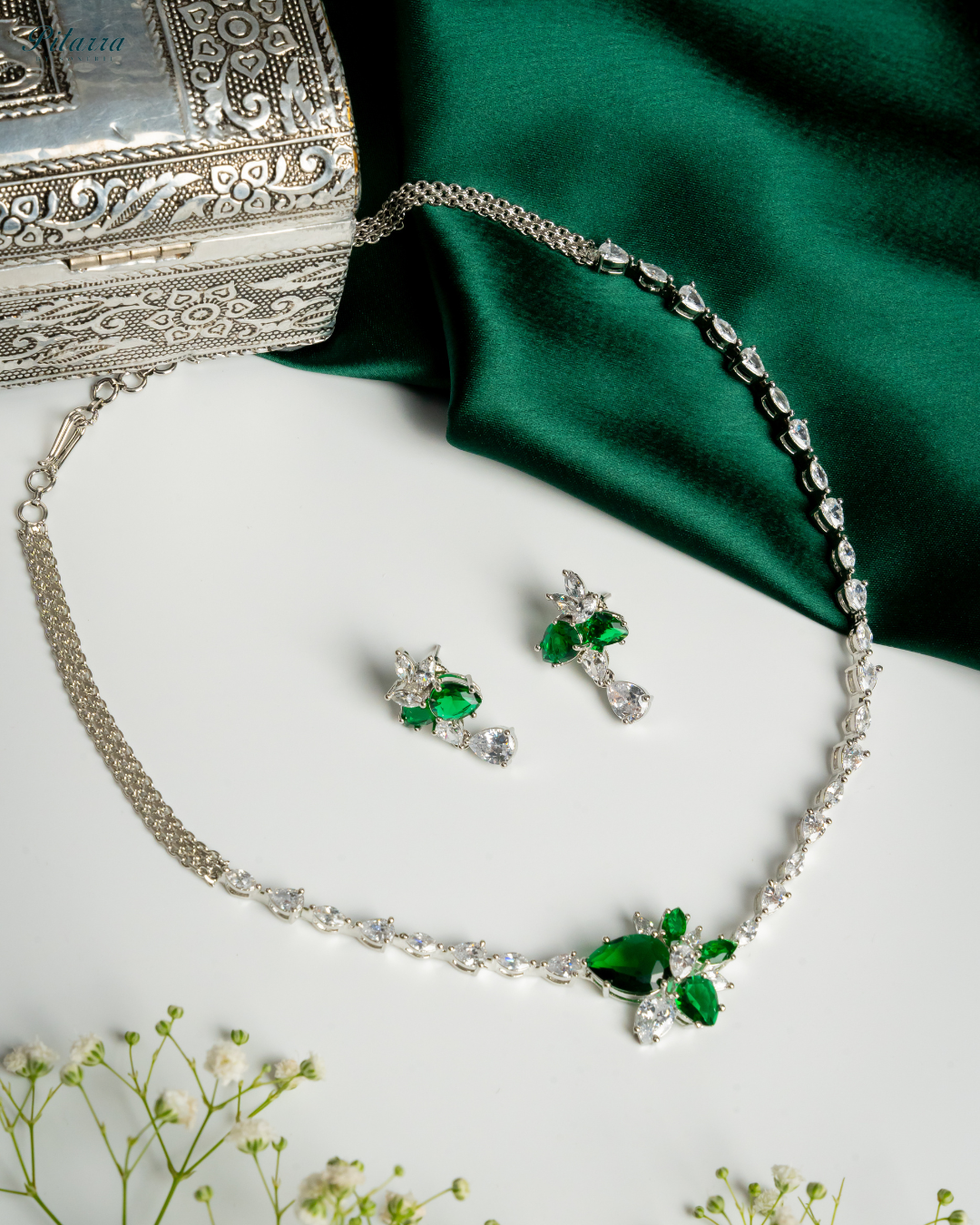 Green Rhodium Plated CZ Necklace Set_White Background