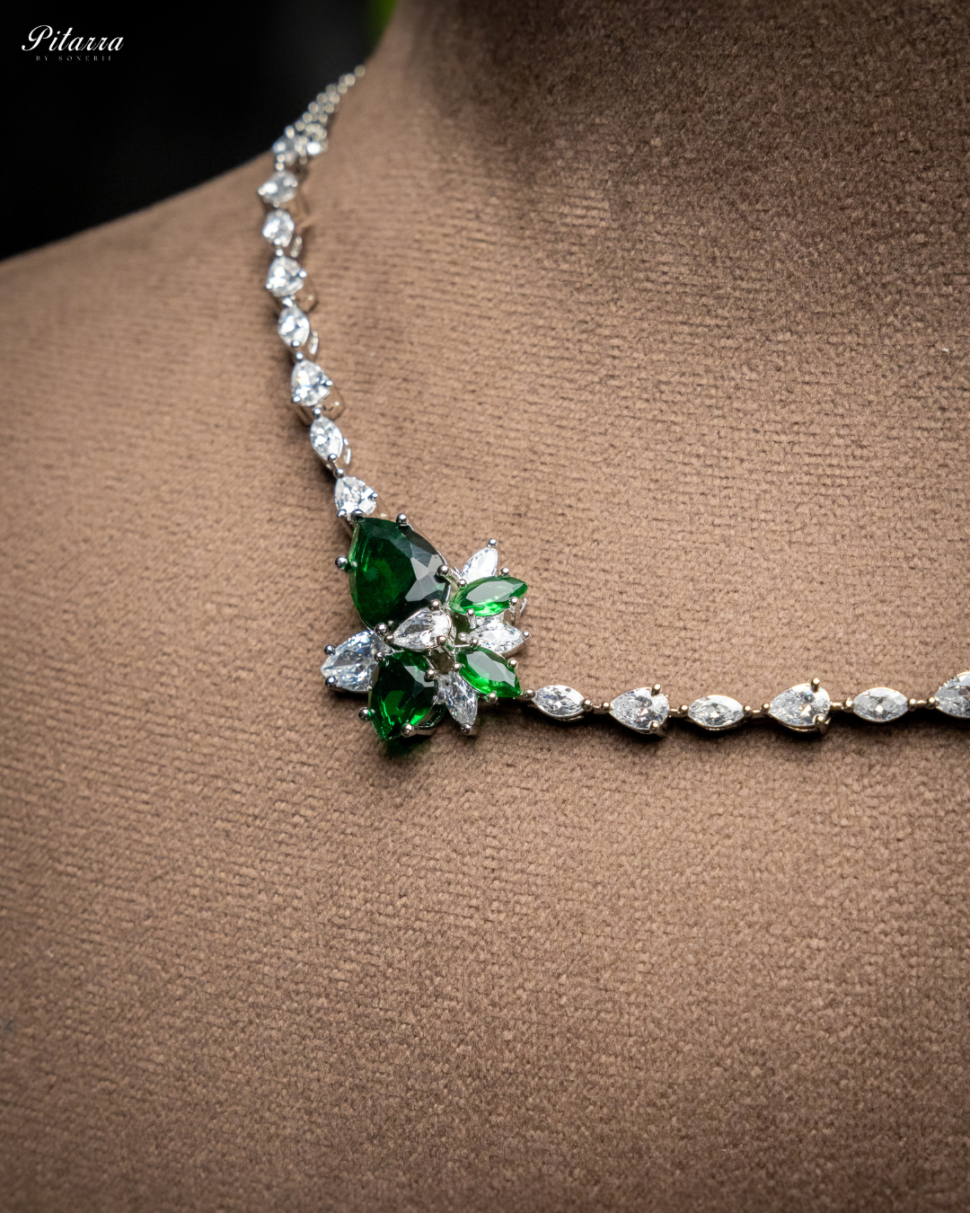 Green Rhodium Plated CZ Necklace Set_Zoom Angle