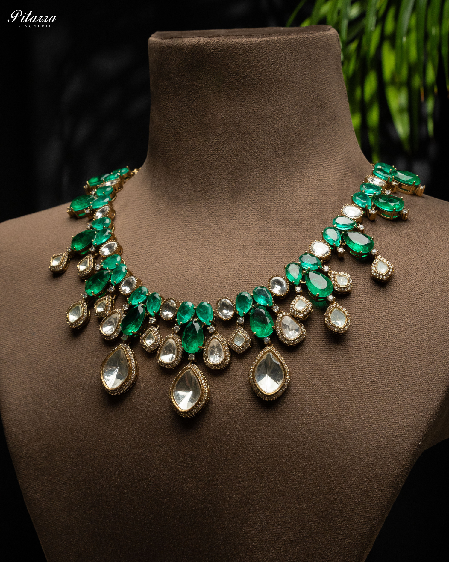 Side Angle Green Rhodium Polki Kundan Necklace Set