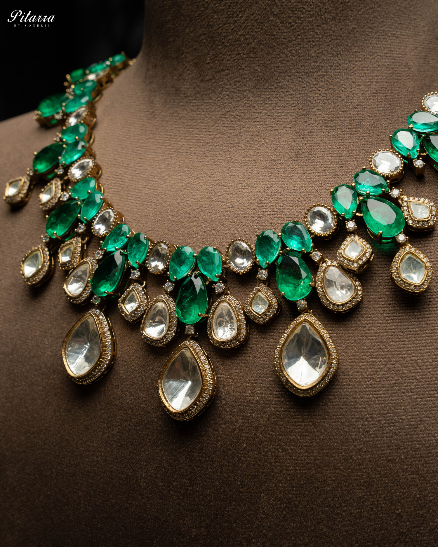 Zoom Angle Green Rhodium Polki Kundan Necklace Set
