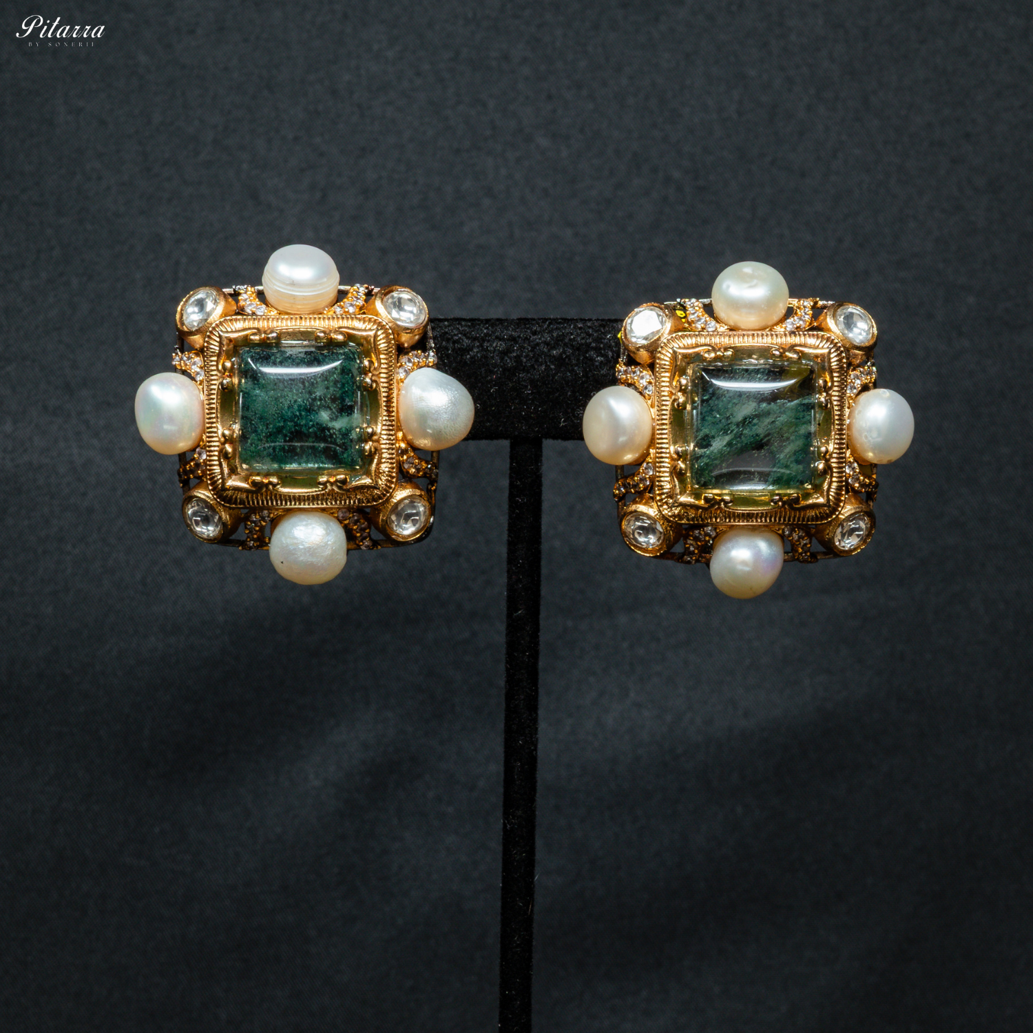 Green Stone Pearl Kundan Stud Earrings_Front Image