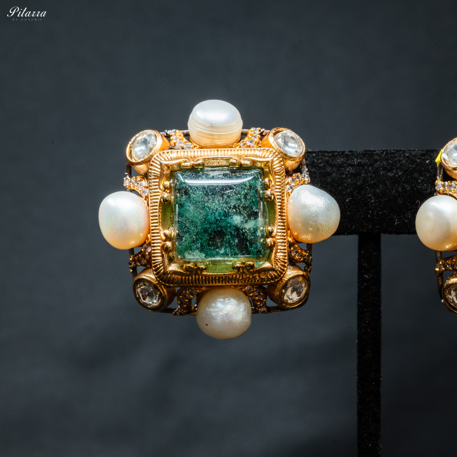 Green Stone Pearl Kundan Stud Earrings_Zoom Angle