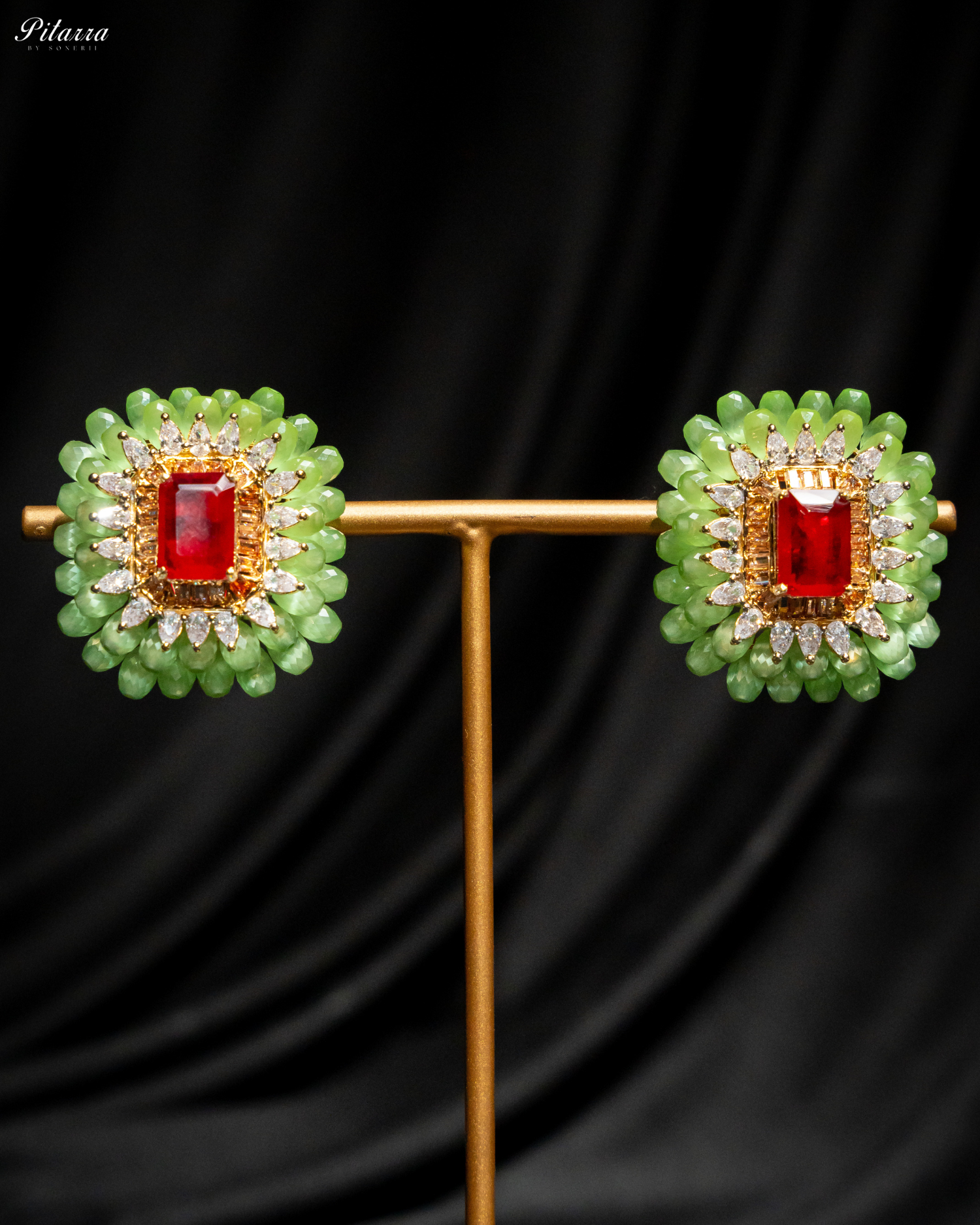 Green and Red Emerald Studs Earrings_Front Image