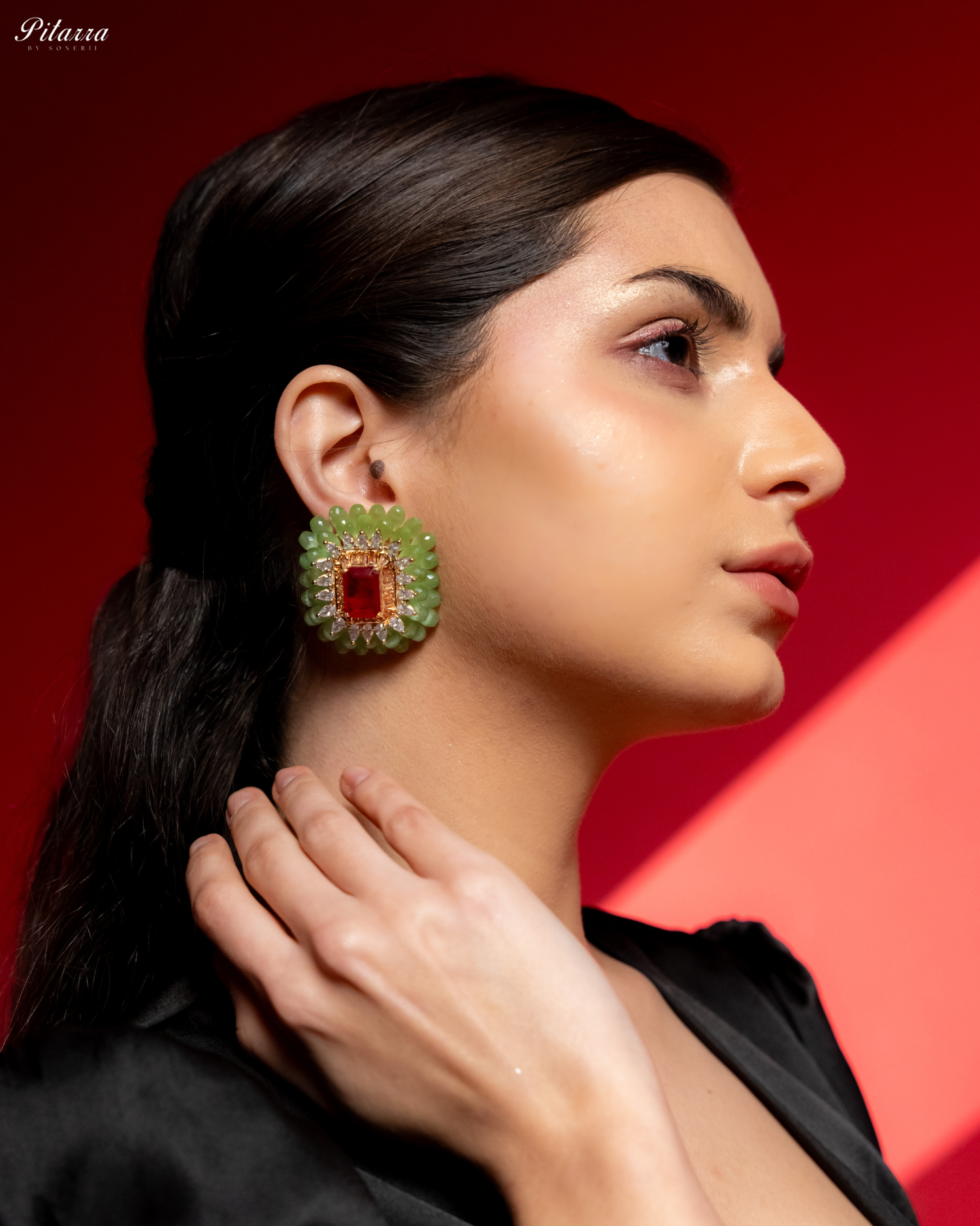 Green and Red Emerald Studs Earrings_Side Pose