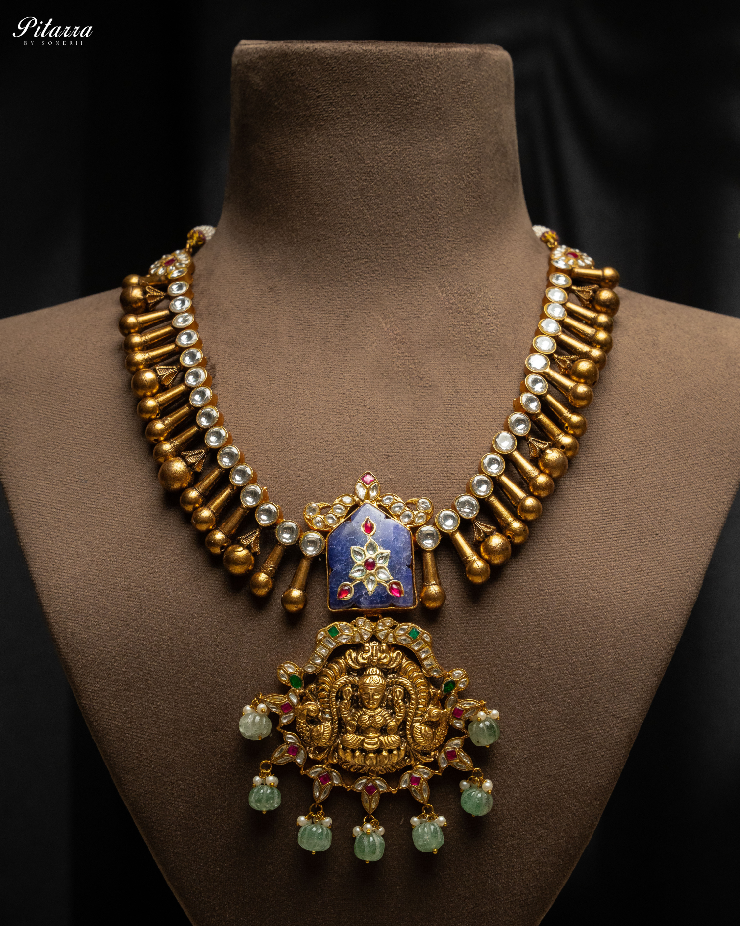 Lakshmi Carved Stone Kundan Jadau Necklace Set_Necklace