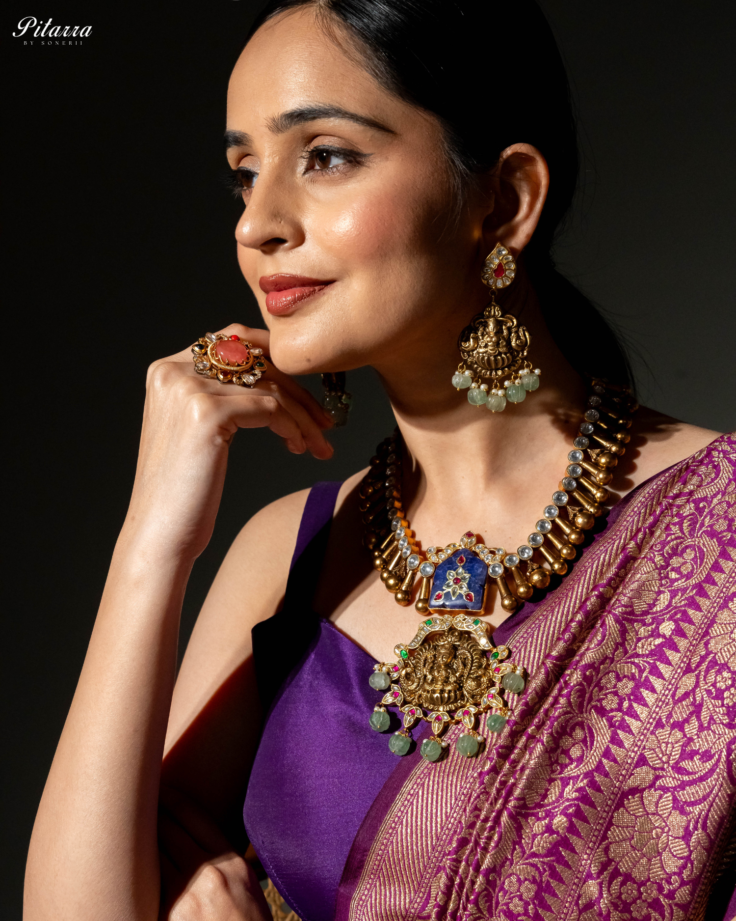 Lakshmi Carved Stone Kundan Jadau Necklace Set_Side