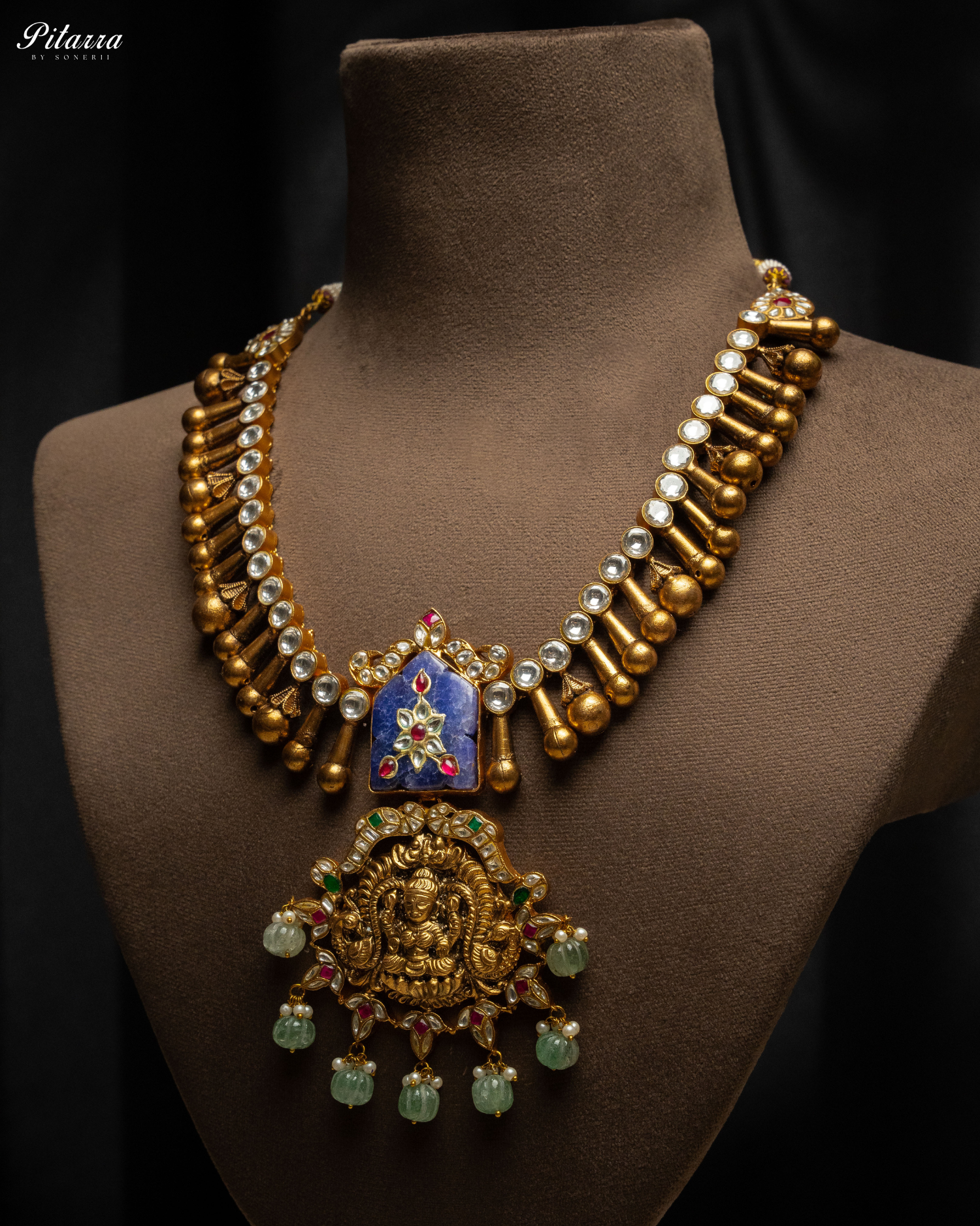 Lakshmi Carved Stone Kundan Jadau Necklace Set_Side Angle