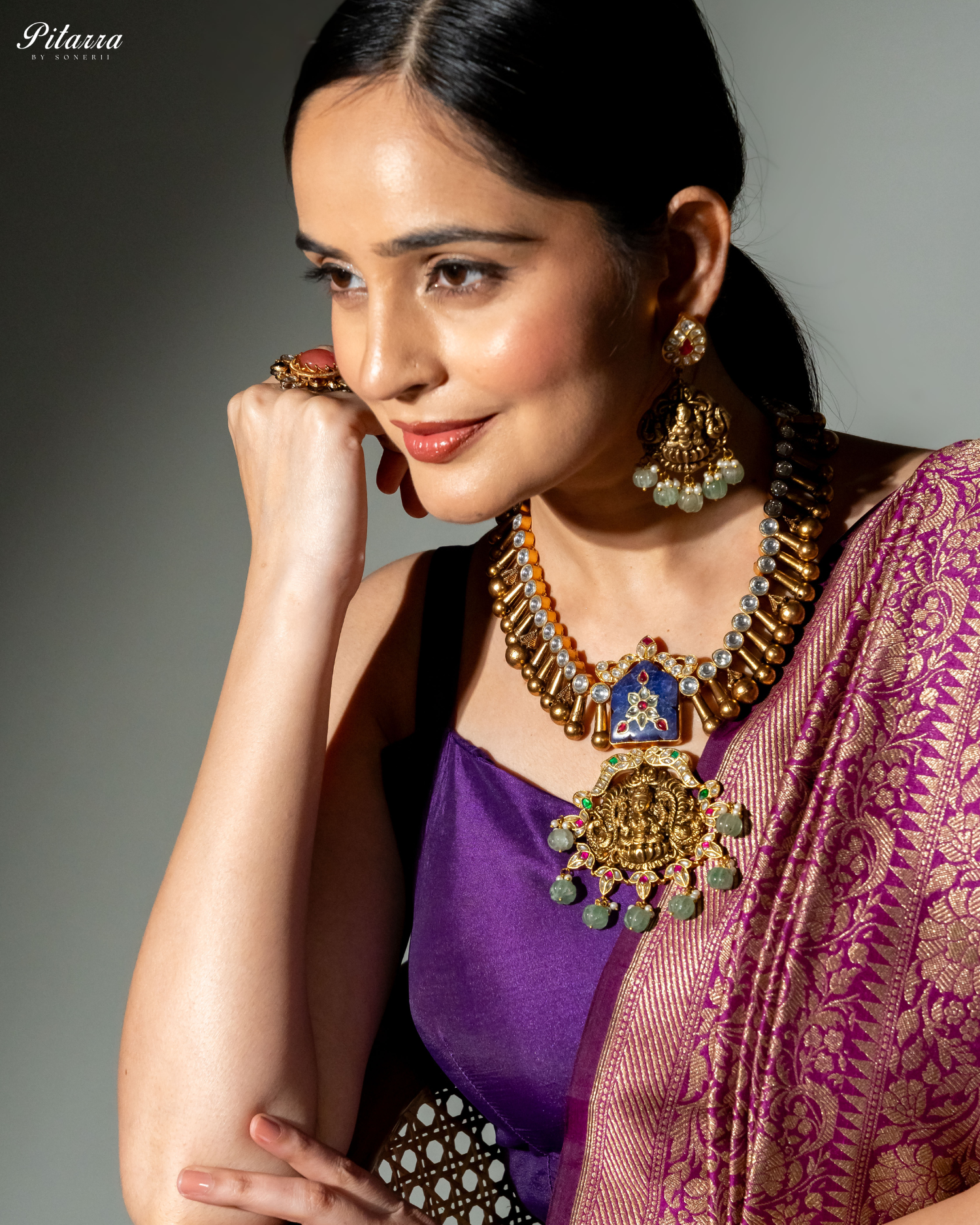 Lakshmi Carved Stone Kundan Jadau Necklace Set_Side Pose