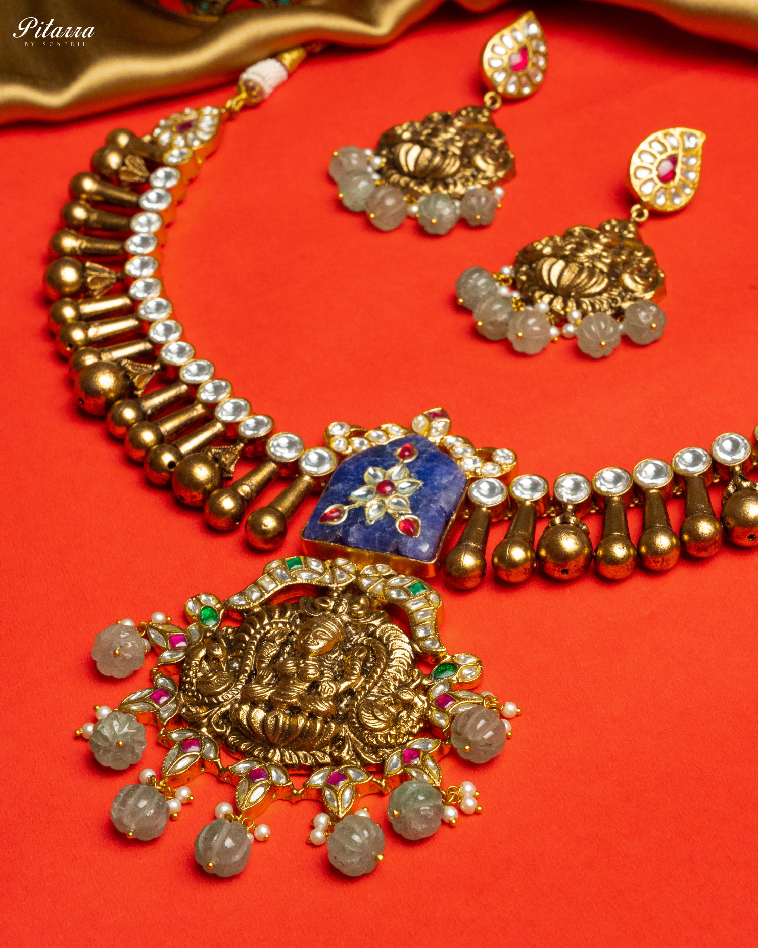 Lakshmi Carved Stone Kundan Jadau Necklace Set_Zoom Angle