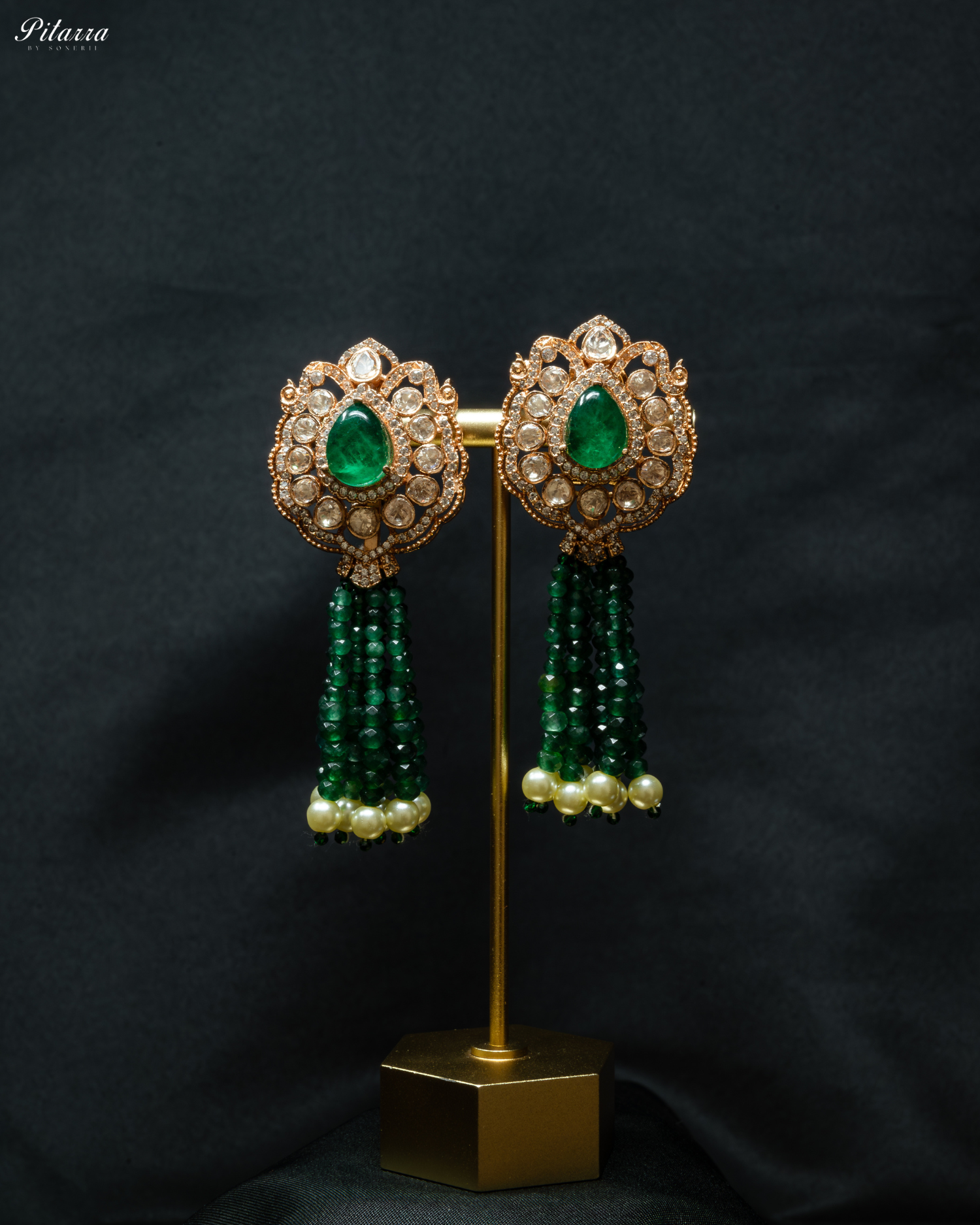 Long Dark Green Beads Kundan Necklace Set_Earrings