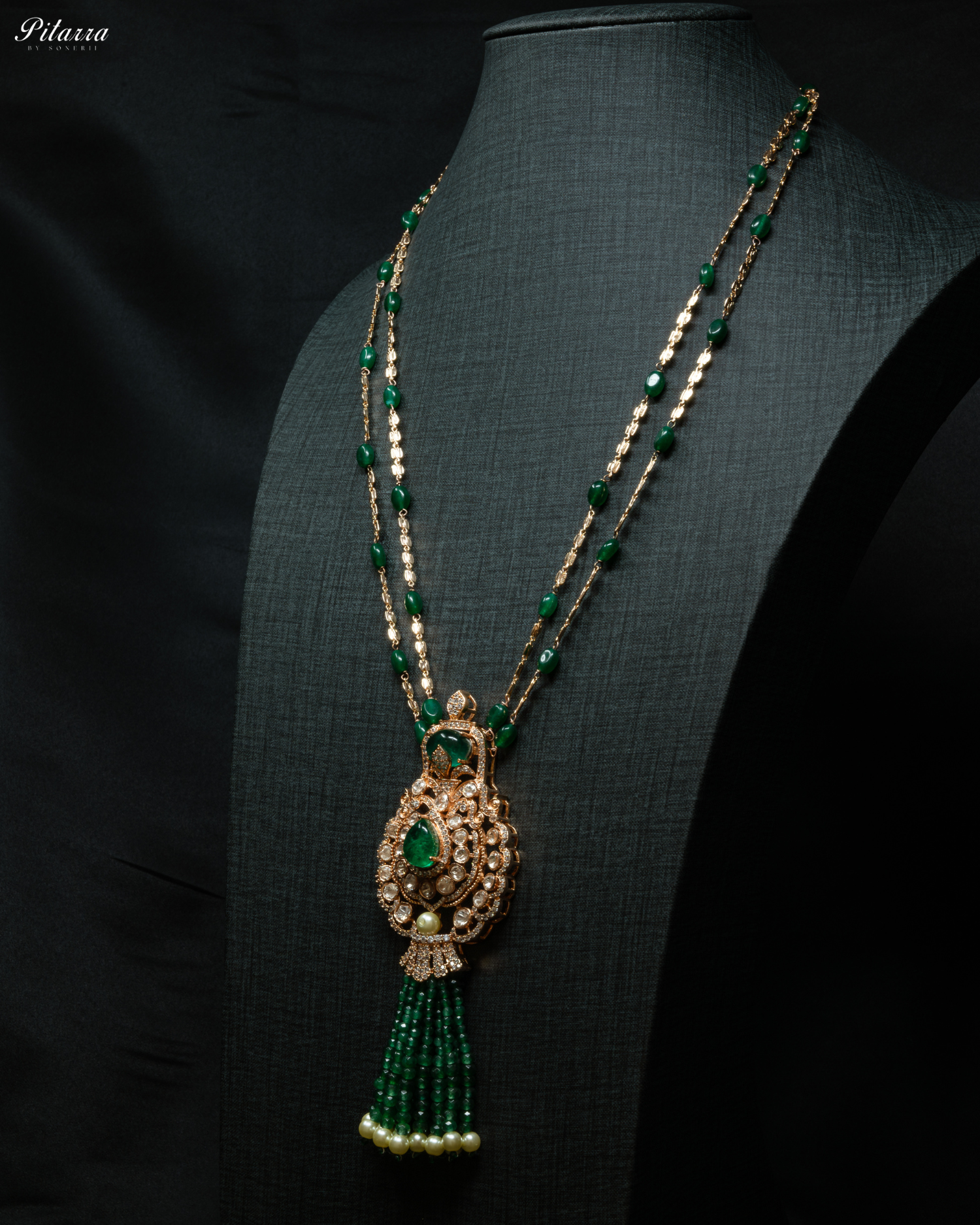 Long Dark Green Beads Kundan Necklace Set_Side Angle