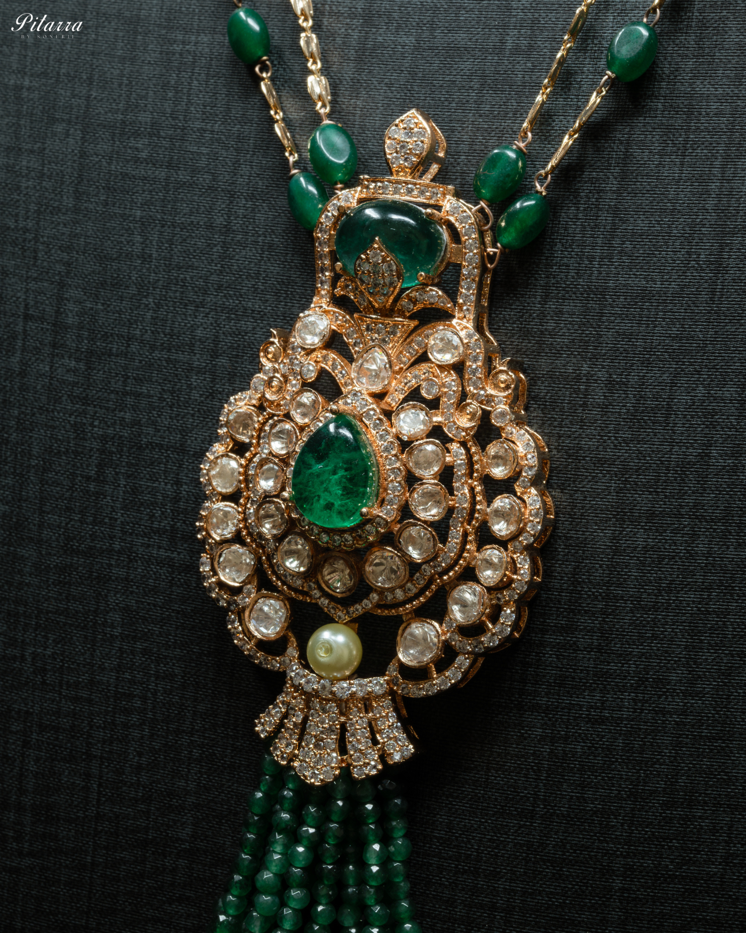 Long Dark Green Beads Kundan Necklace Set_Zoom Angle