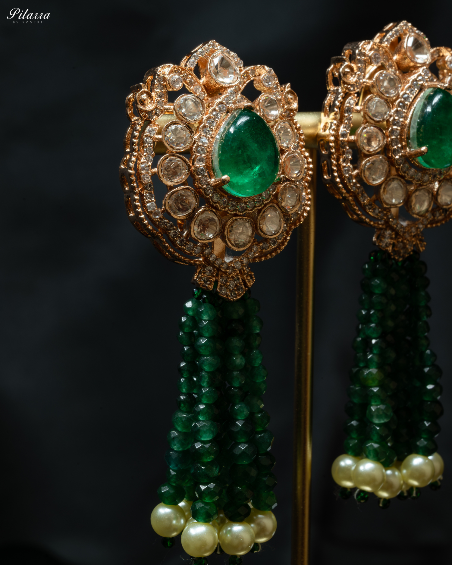 Long Dark Green Beads Kundan Necklace Set_Zoom Earrings