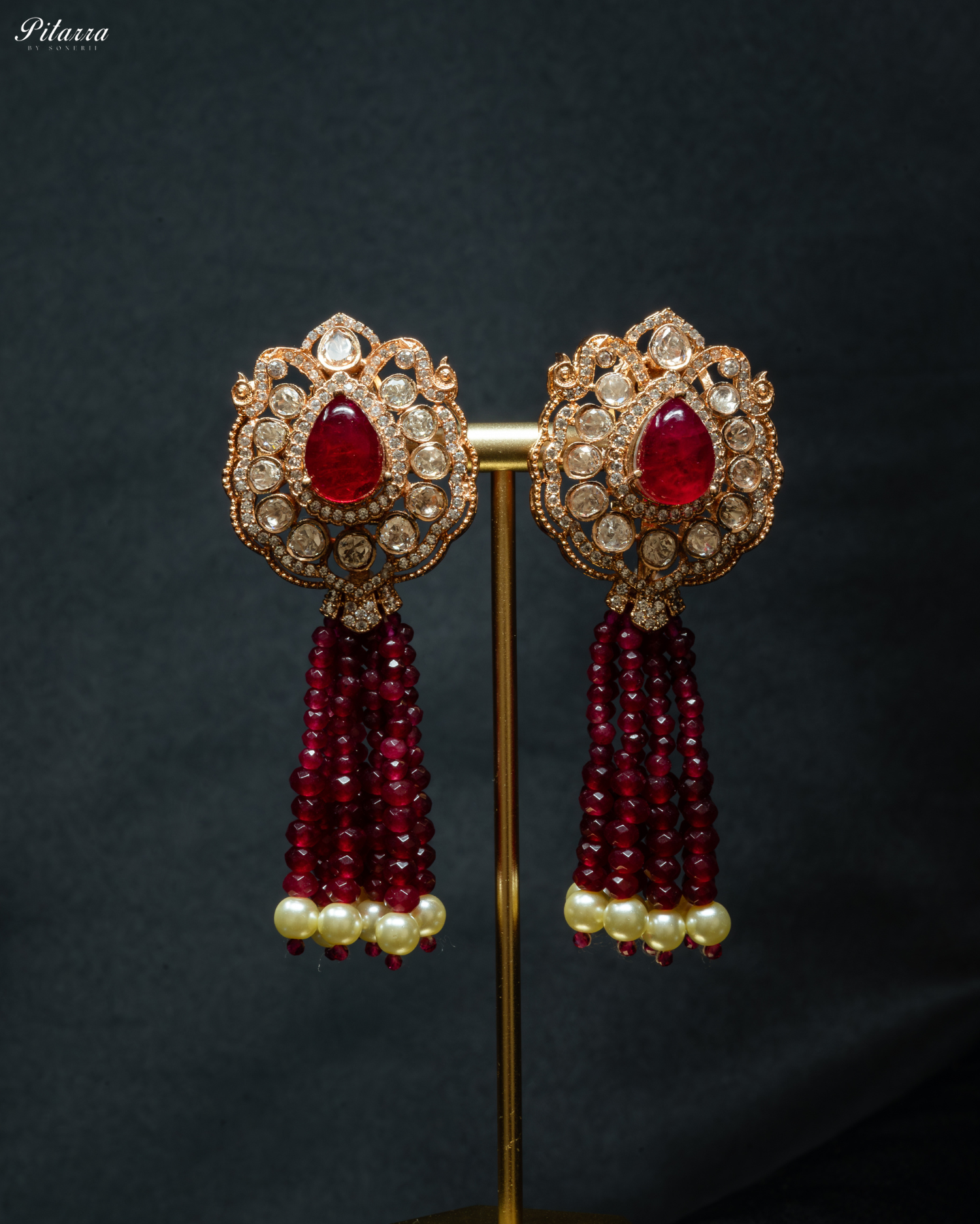 Long Red Beads Kundan Necklace Set_Earrings