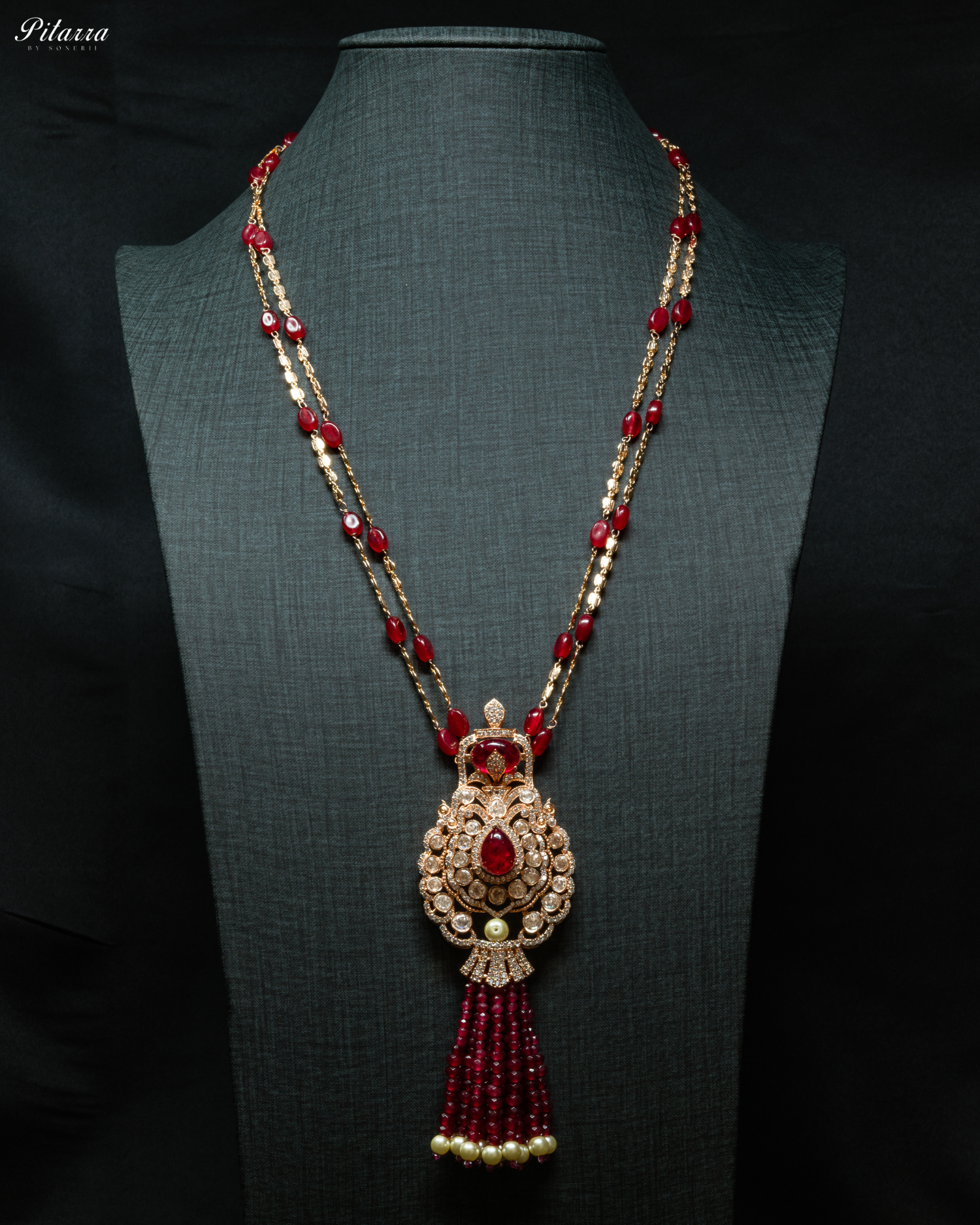 Long Red Beads Kundan Necklace Set_Front Image