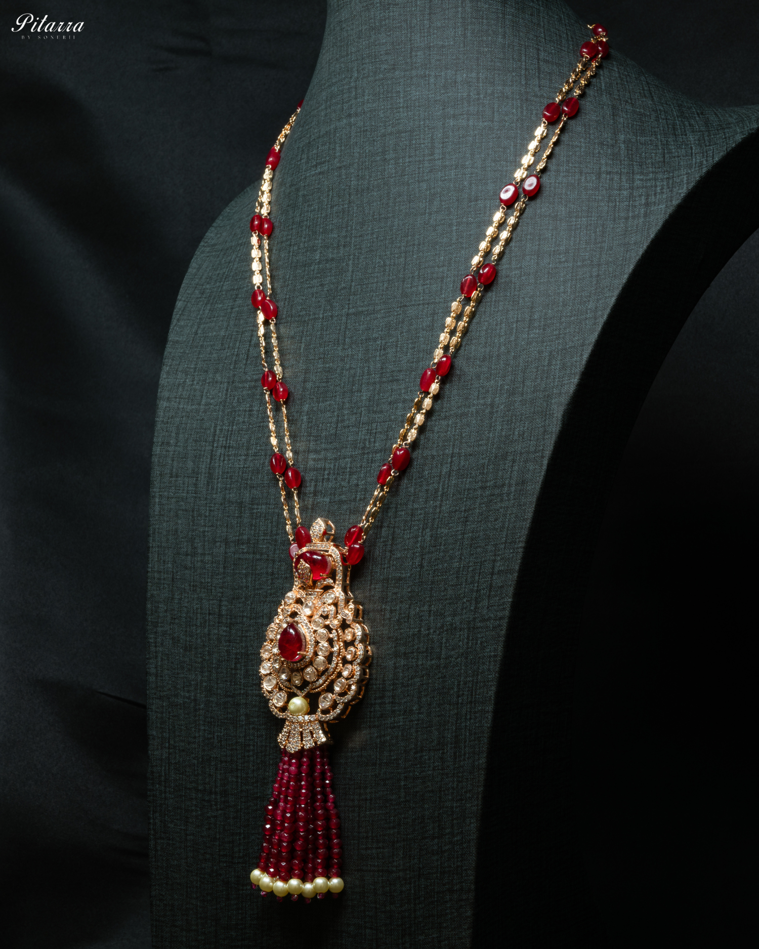Long Red Beads Kundan Necklace Set_Side Angle