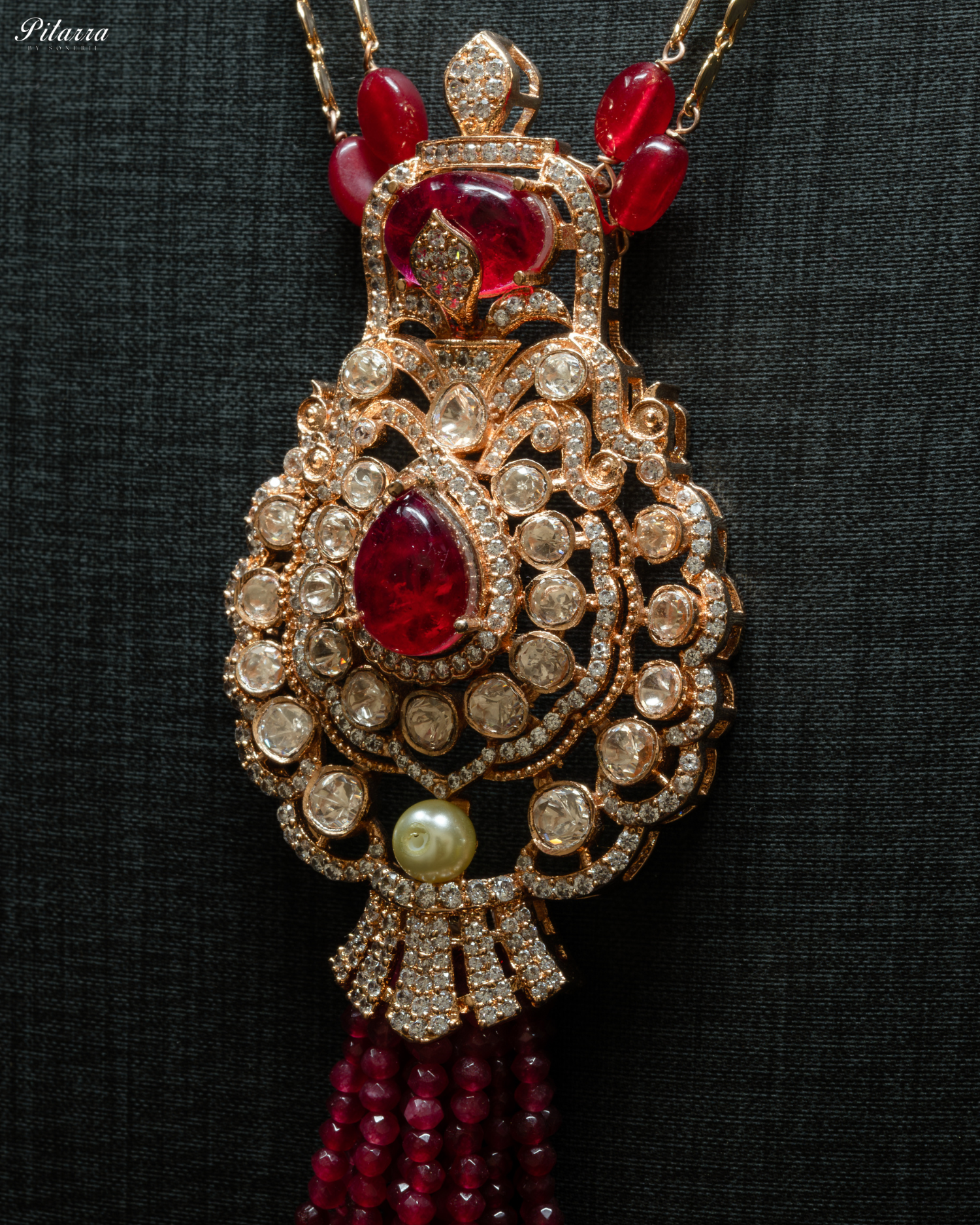 Long Red Beads Kundan Necklace Set_Zoom Angle