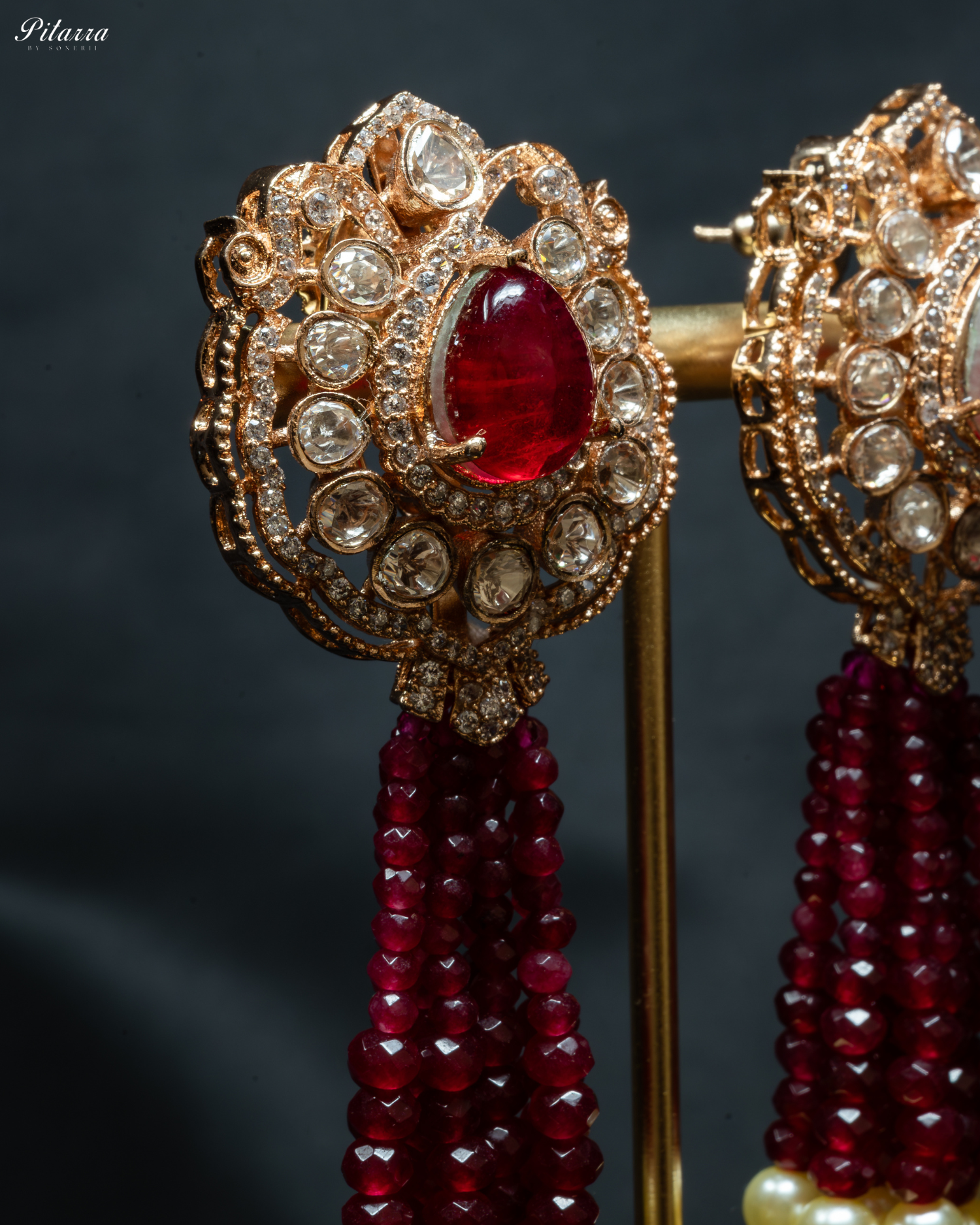 Long Red Beads Kundan Necklace Set_Zoom Earrings
