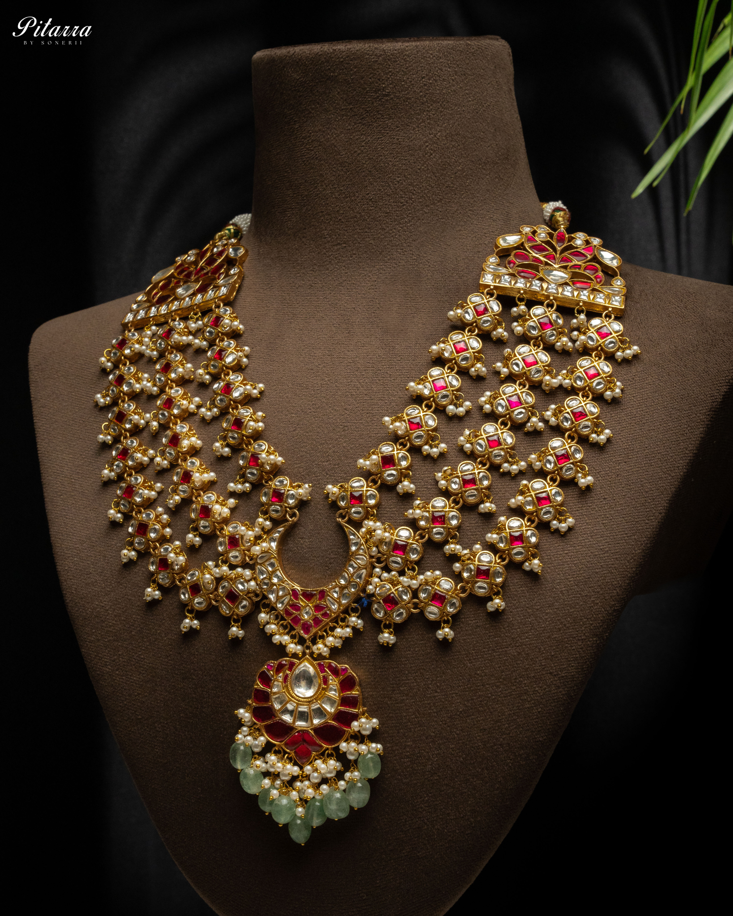 Long Traditional Kundan Necklace With Green Pearl Side Angle