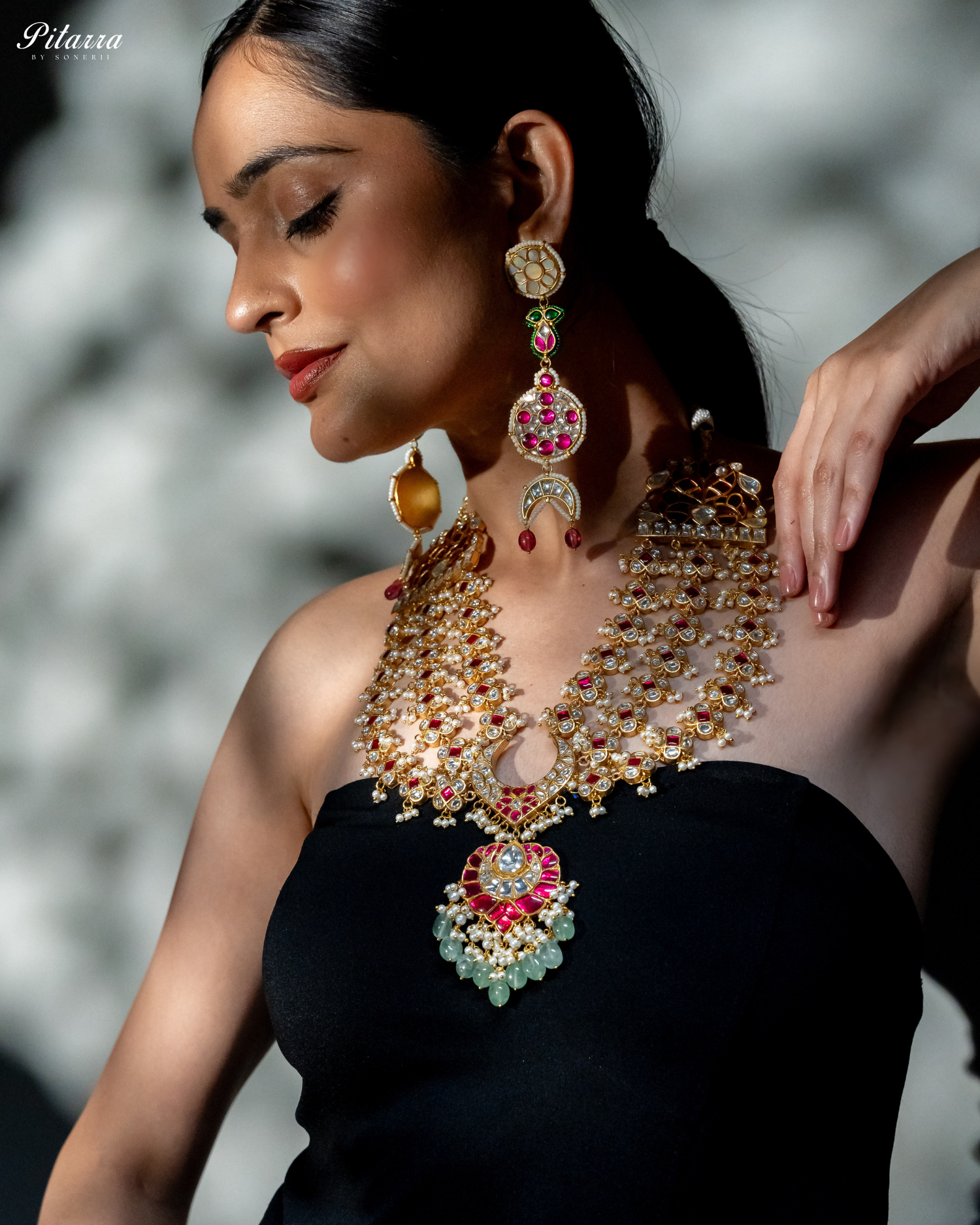 Long Traditional Kundan Necklace With Green Pearl Side Angle Model