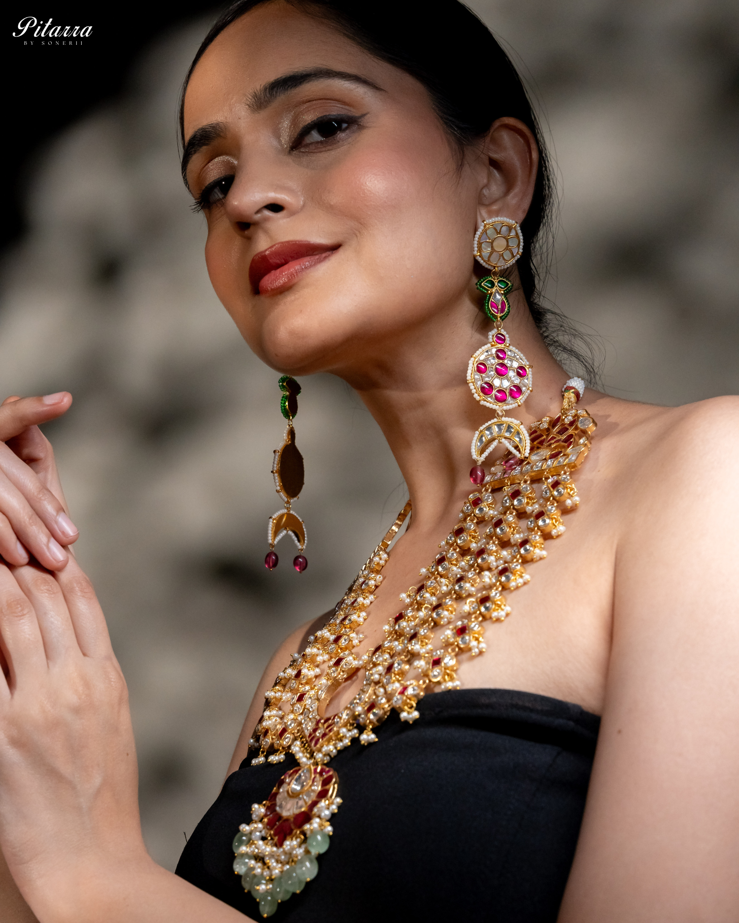 Long Traditional Kundan Necklace With Green Pearl Side Angle Shoot