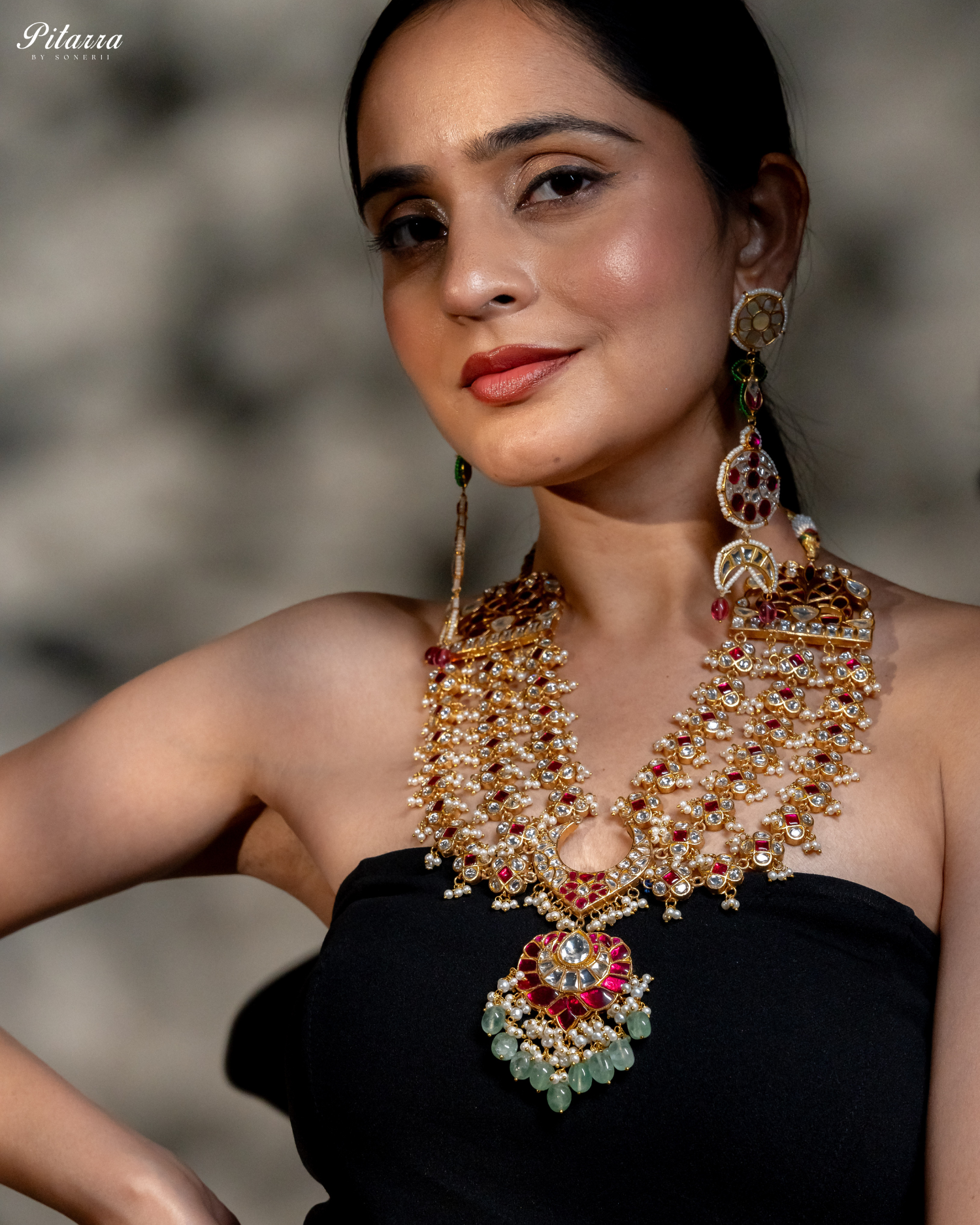 Long Traditional Kundan Necklace With Green Pearl Side Model Shoot