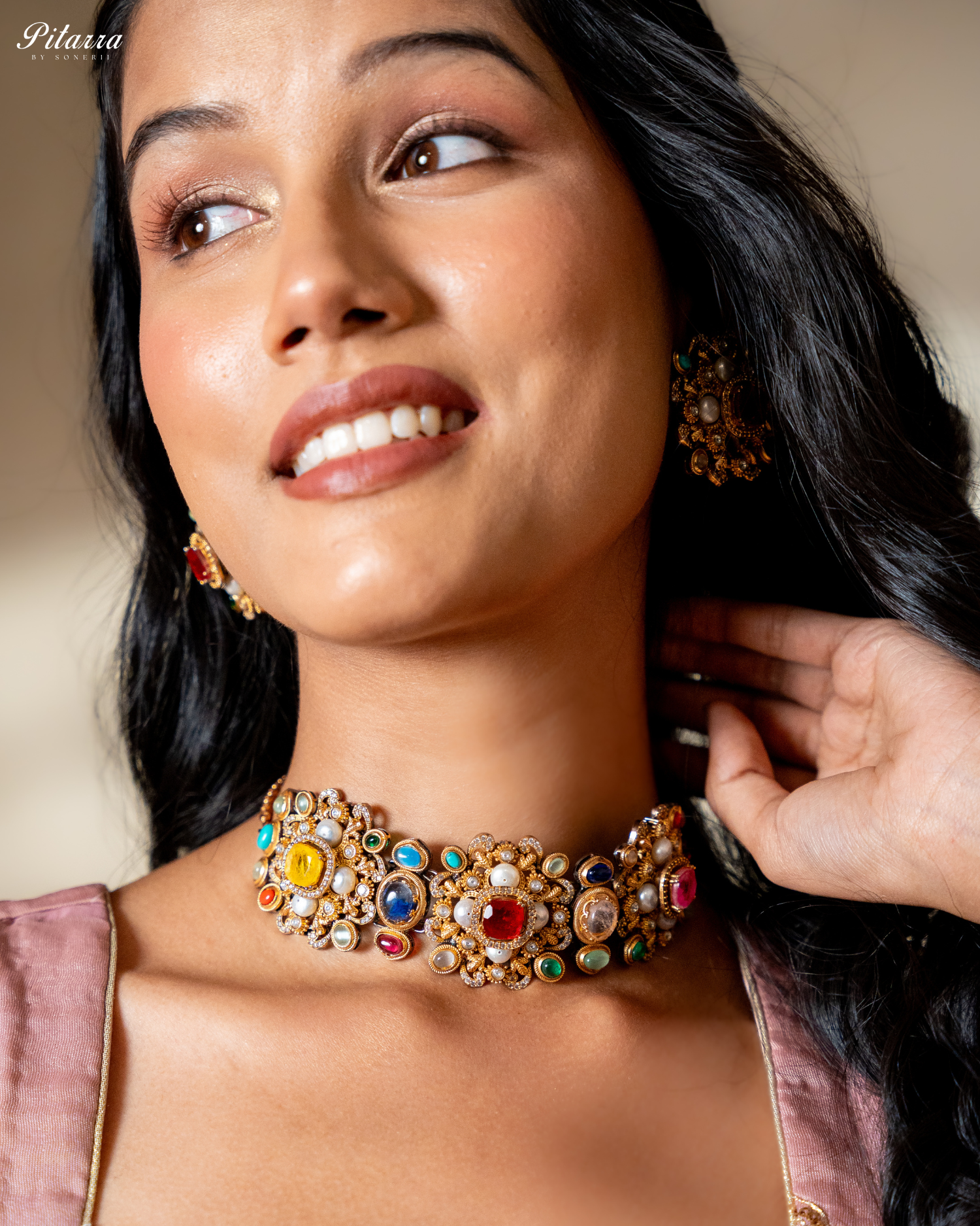 Multi Color Kundan Jadau Jewelry Set-Front Angle