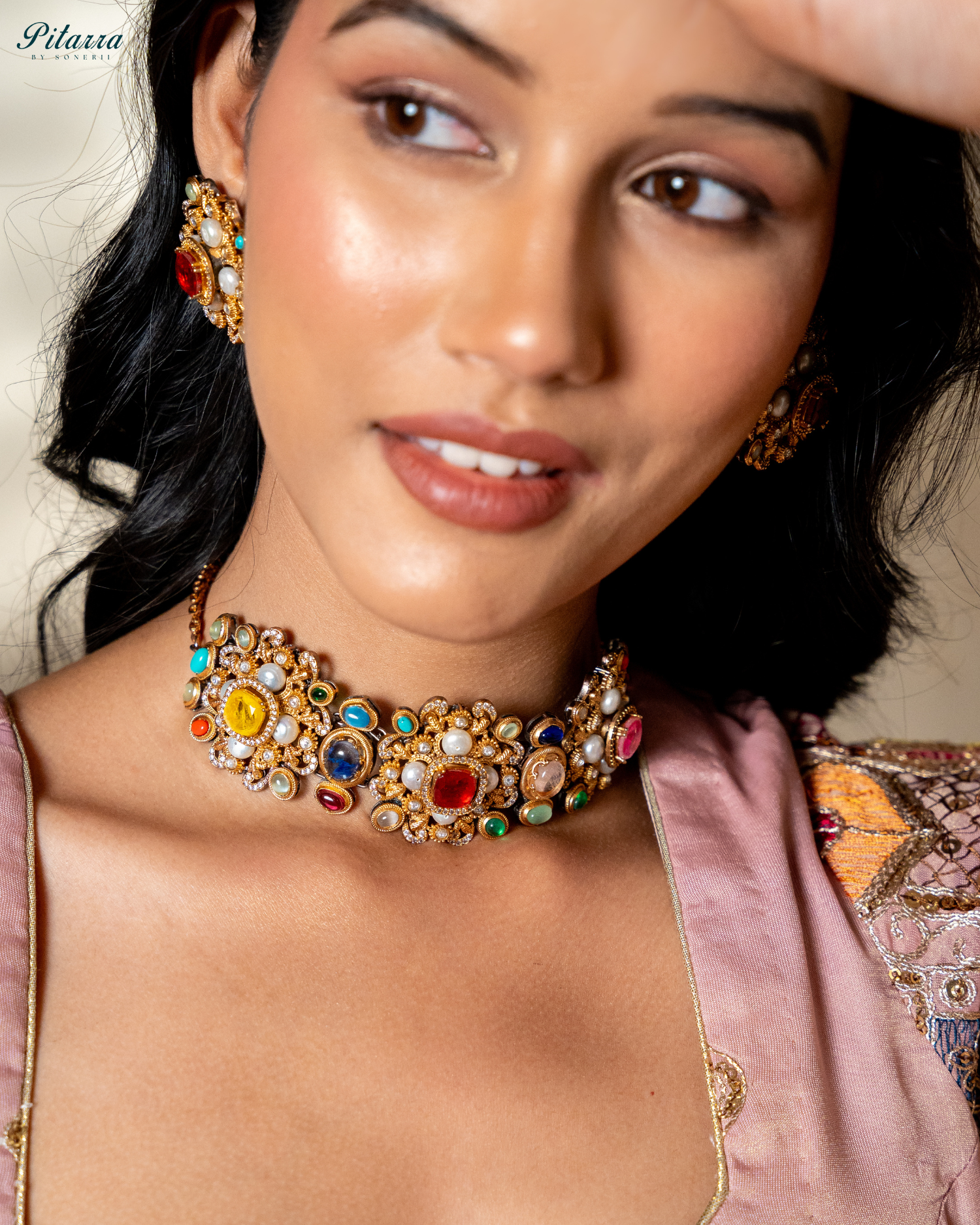 Multi Color Kundan Jadau Jewelry Set-Left Side Model