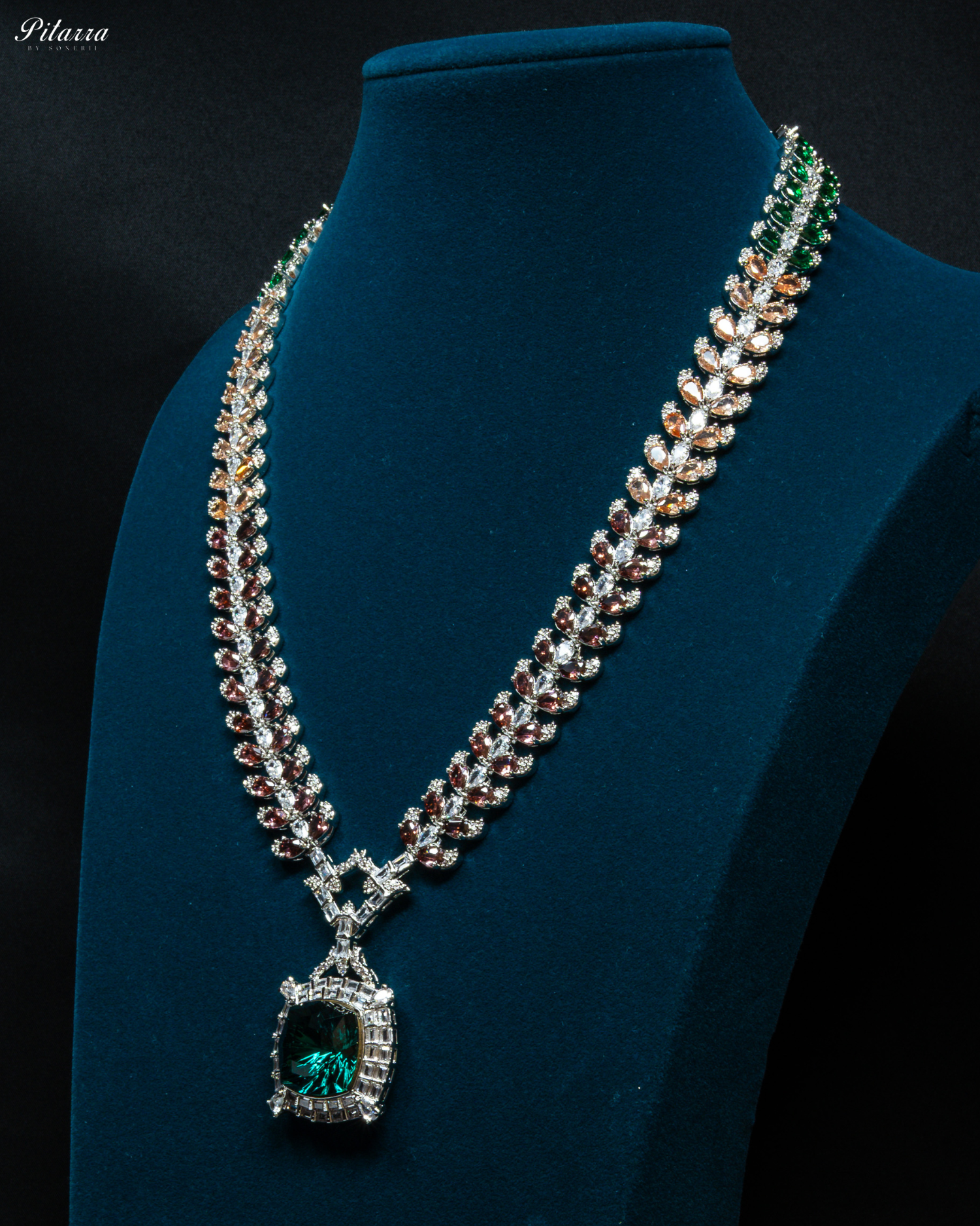 Multicolor Finish Green Stone Zircon Long Necklace Set_Side Angle
