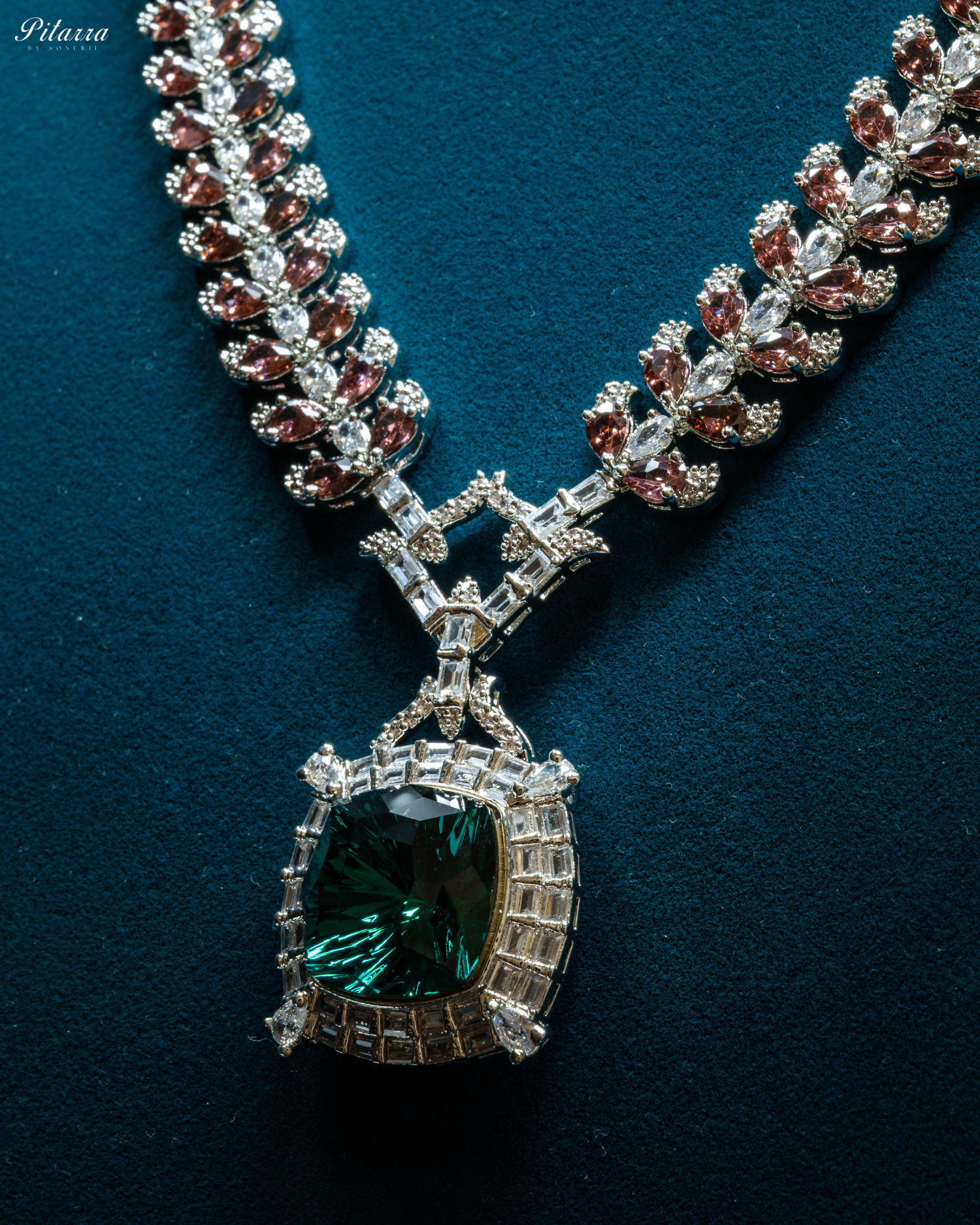 Multicolor Finish Green Stone Zircon Long Necklace Set_Zoom Angle