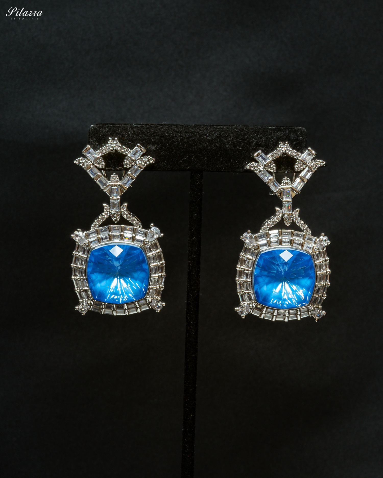 Multicolor Finish Ocean Blue Stone Zircon Long Necklace Set_Earrings