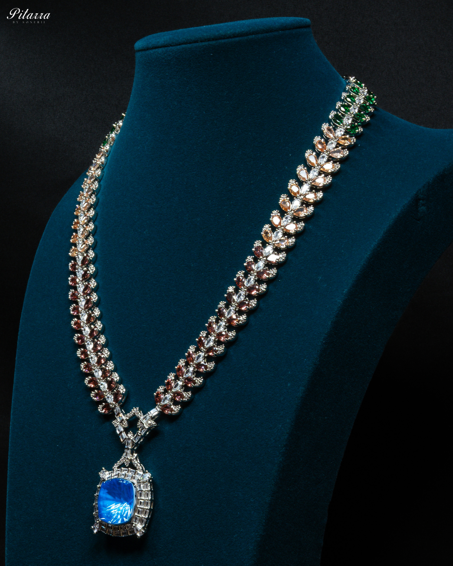 Multicolor Finish Ocean Blue Stone Zircon Long Necklace Set_Side Angle