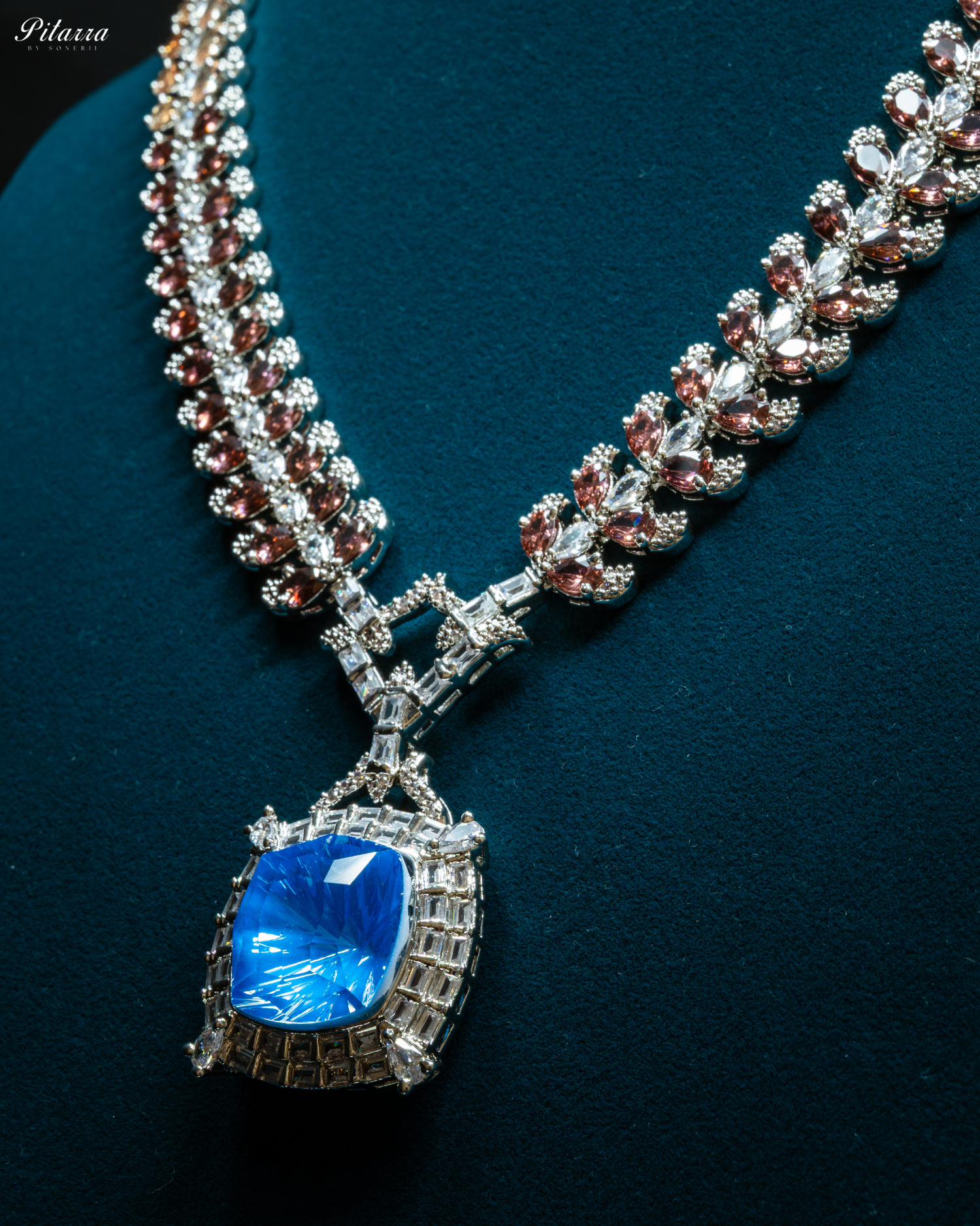 Multicolor Finish Ocean Blue Stone Zircon Long Necklace Set_Zoom Angle