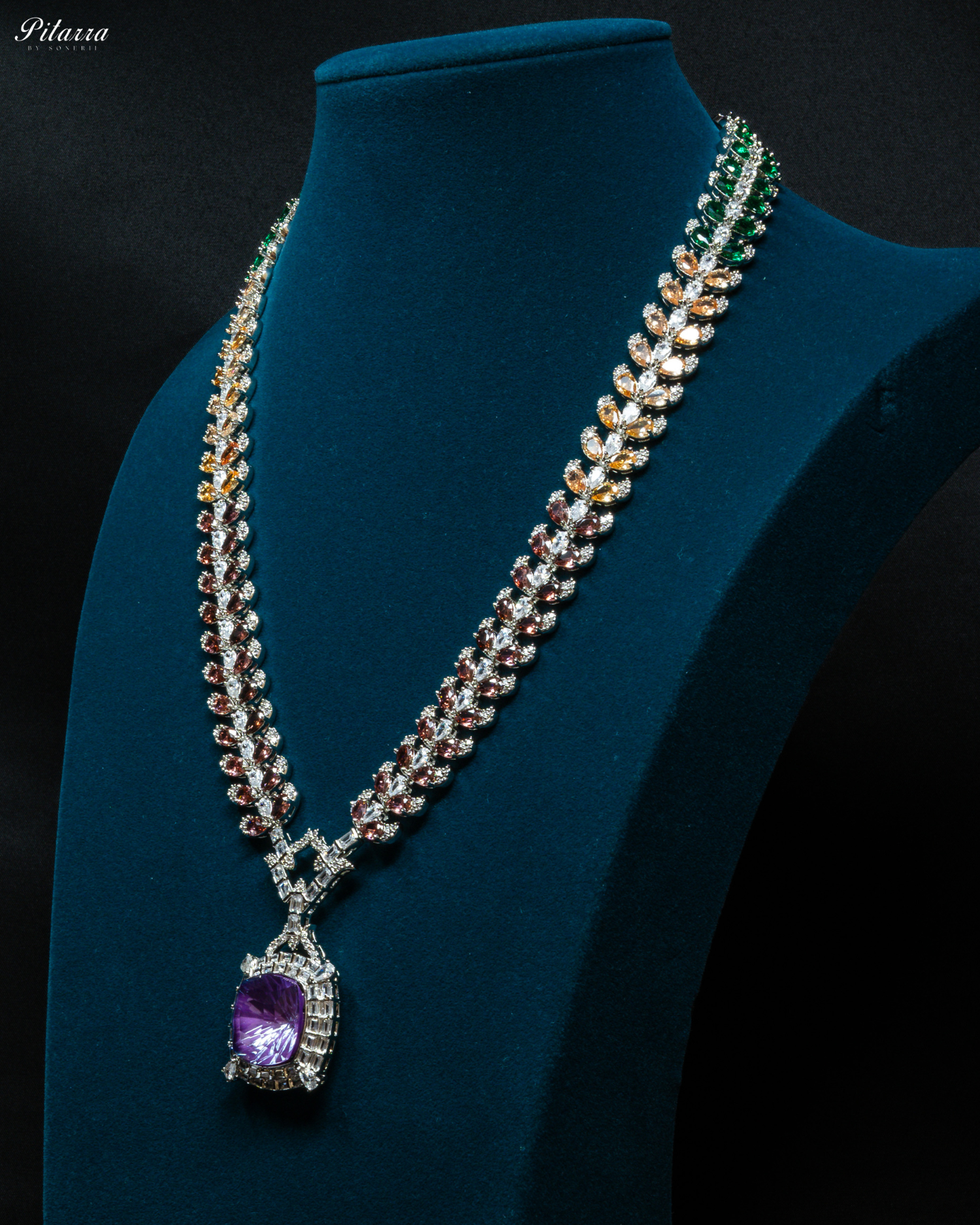 Multicolor Finish Purple Stone Zircon Long Necklace Set_Side Angle