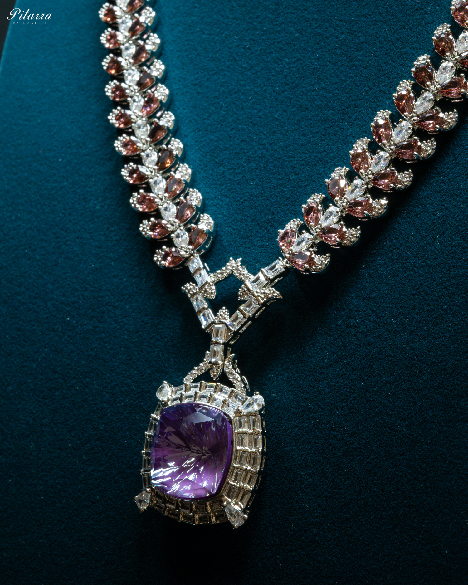 Multicolor Finish Purple Stone Zircon Long Necklace Set_Zoom Angle