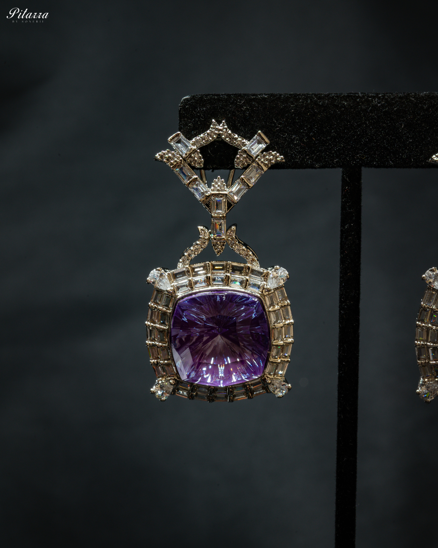 Multicolor Finish Purple Stone Zircon Long Necklace Set_Zoom Earrings