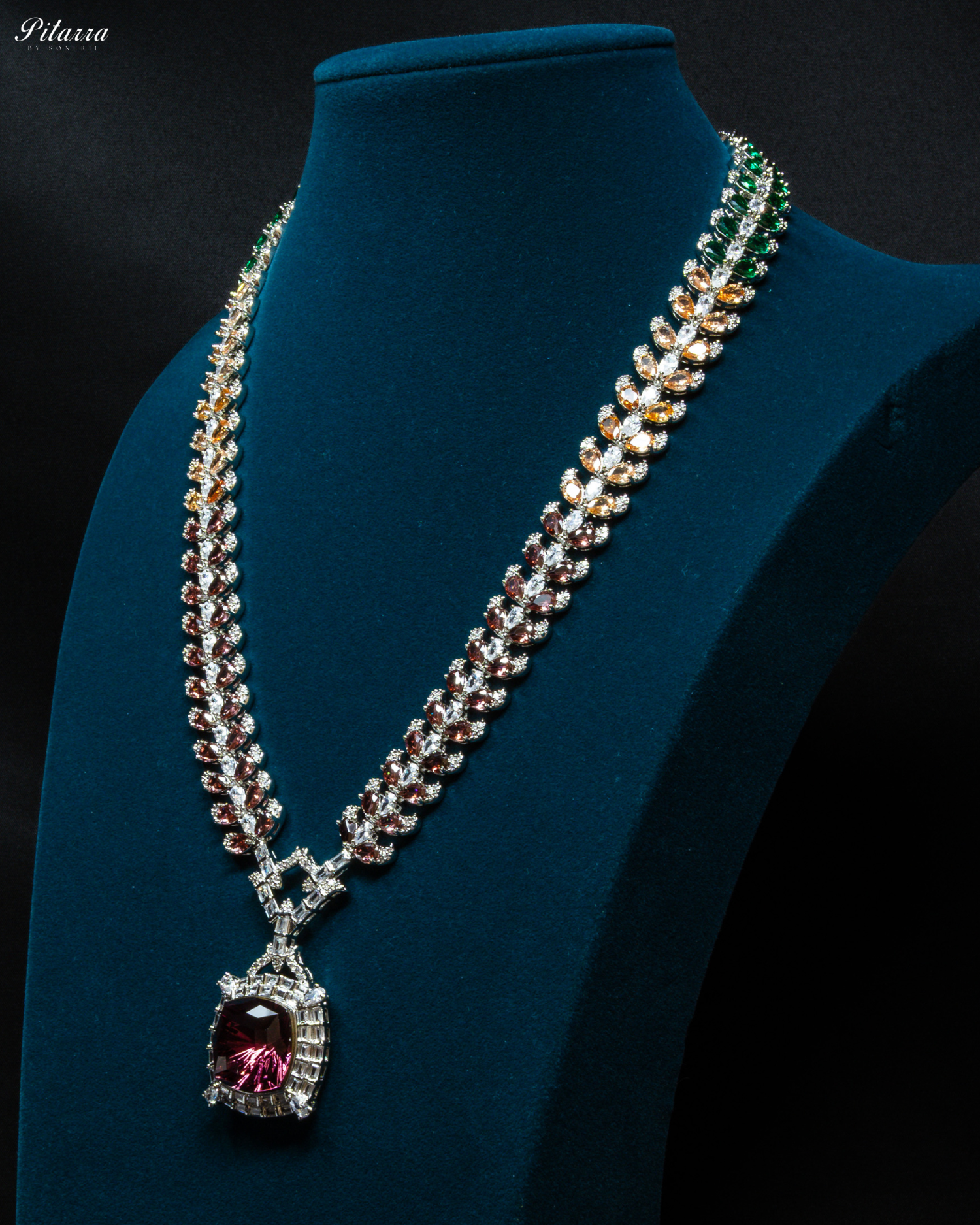 Multicolor Finish Ruby Red Stone Zircon Long Necklace Set_Side Angle