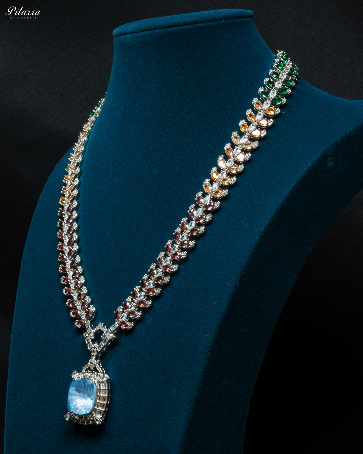 Multicolor Finish Sky Blue Stone Zircon Long Necklace Set_Side Angle