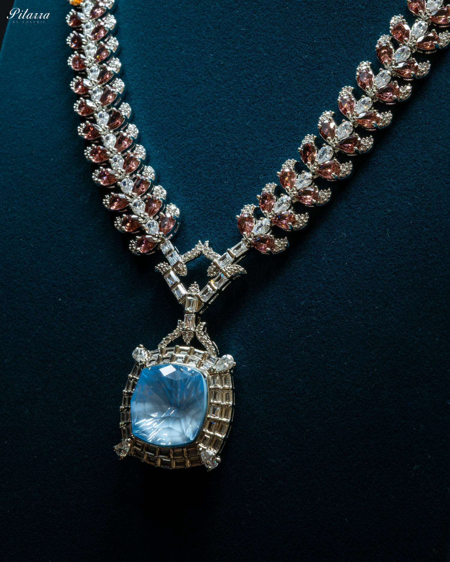 Multicolor Finish Sky Blue Stone Zircon Long Necklace Set_Zoom Angle