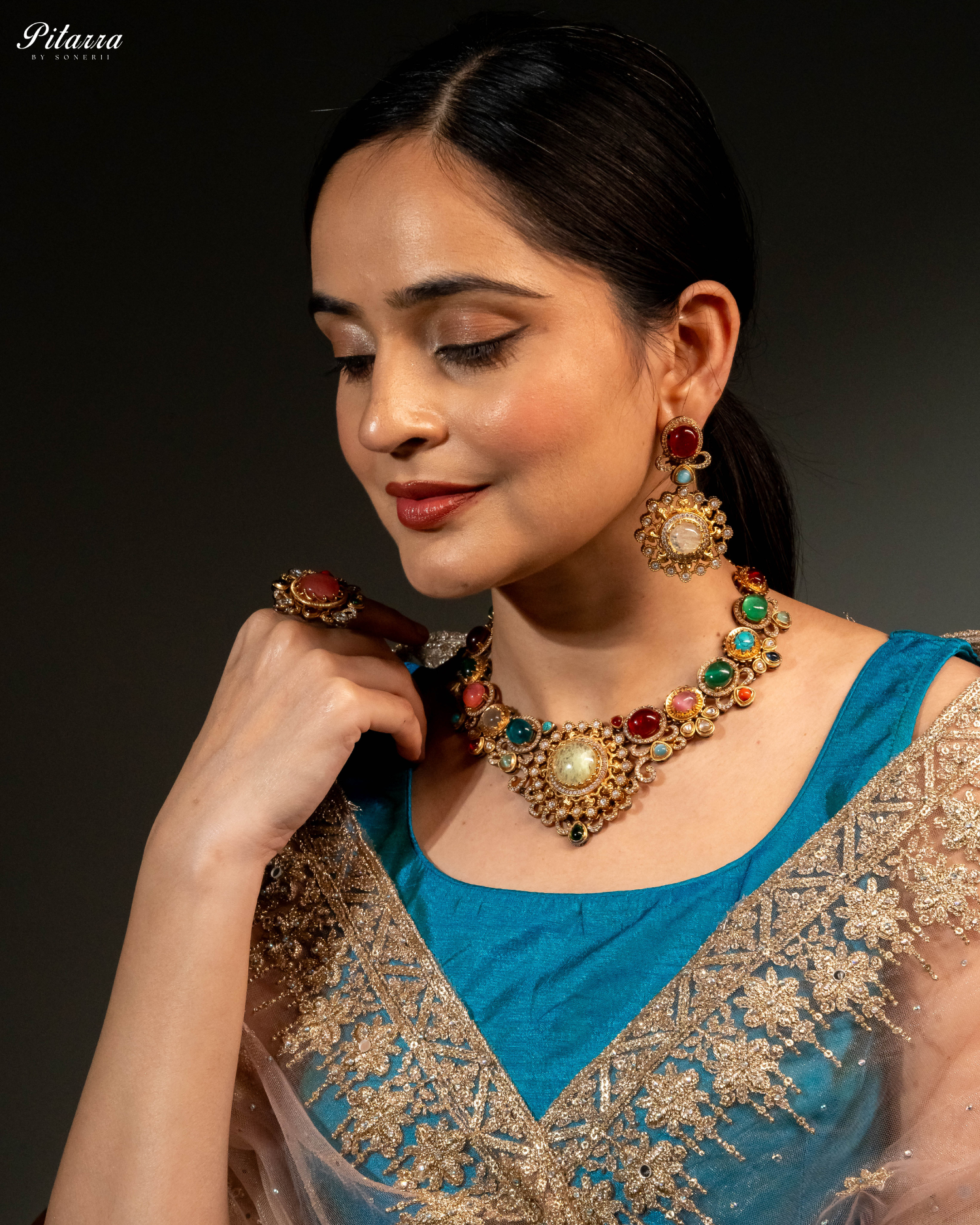 Multicolor Natural Stone Necklace Set Model Shoot Fusion Luxury Jewelry