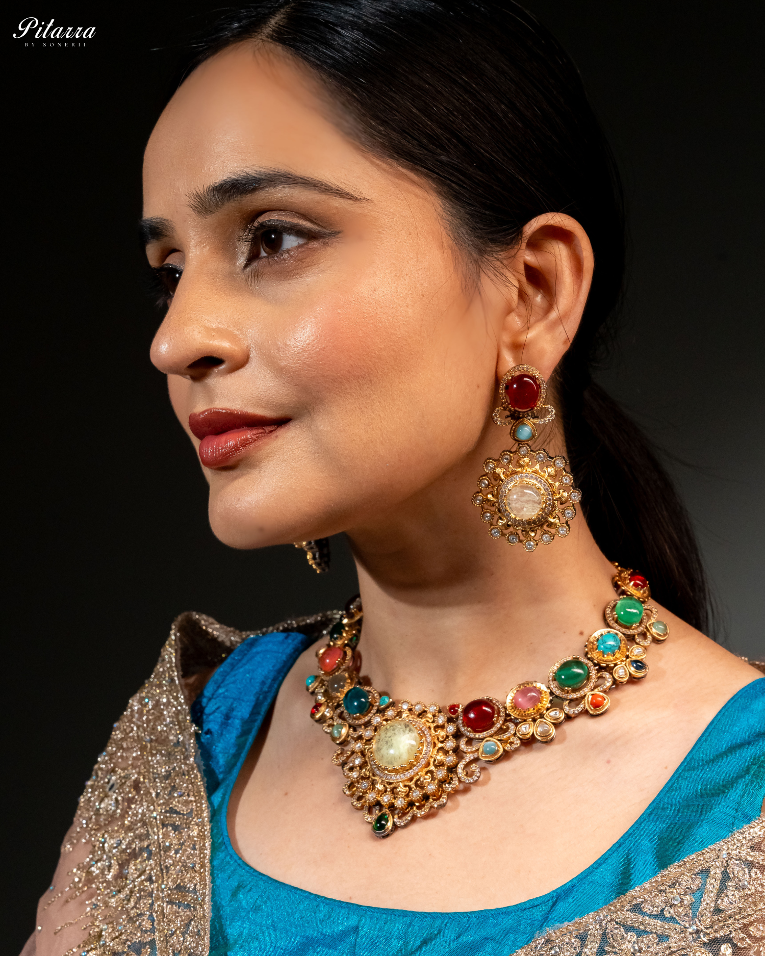 Multicolor Natural Stone Necklace Set Model Side Angle Fusion Jewelry