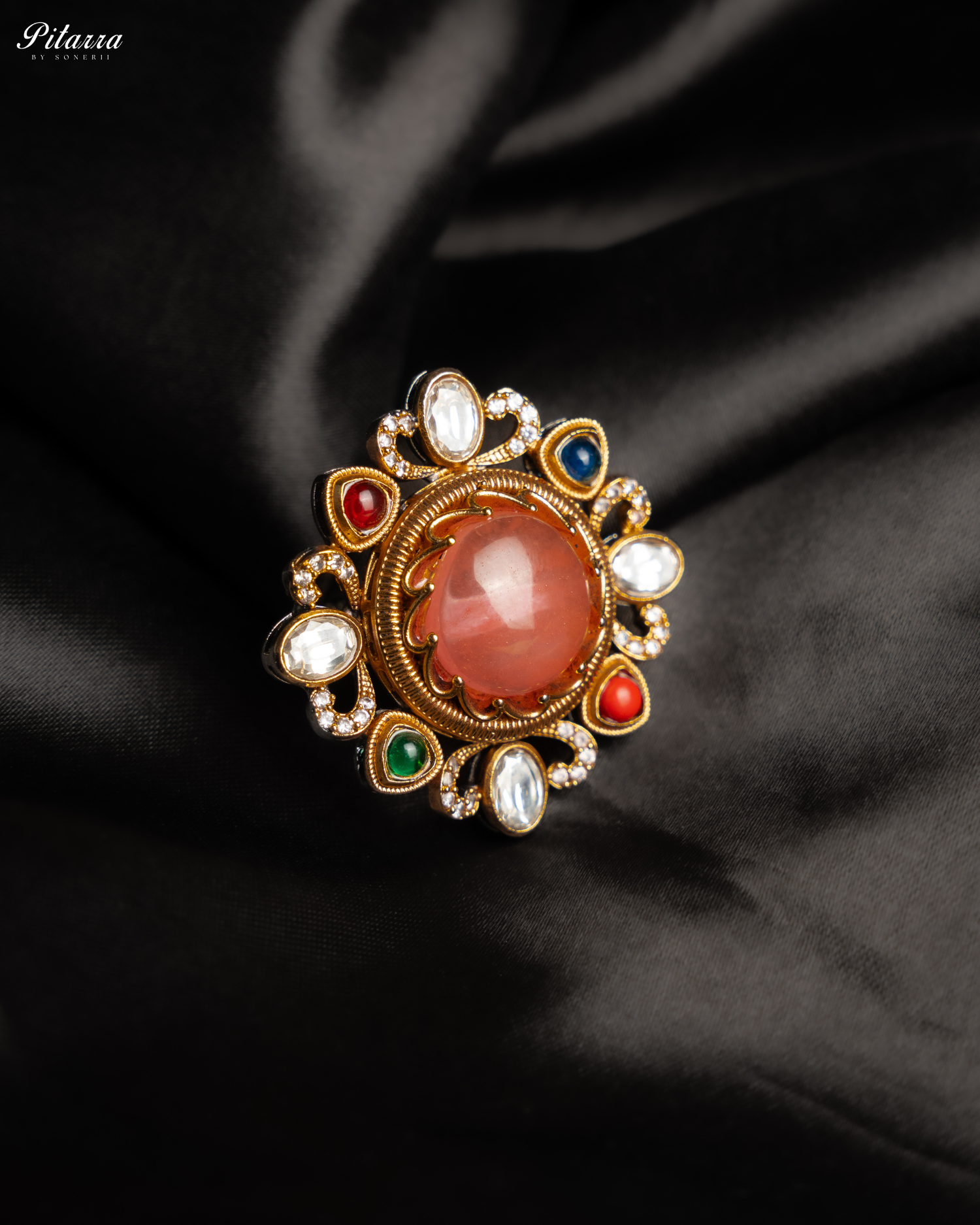 Multicolor Peach Stone Fusion Ring Luxury Fusion Jewelry Black Shoot