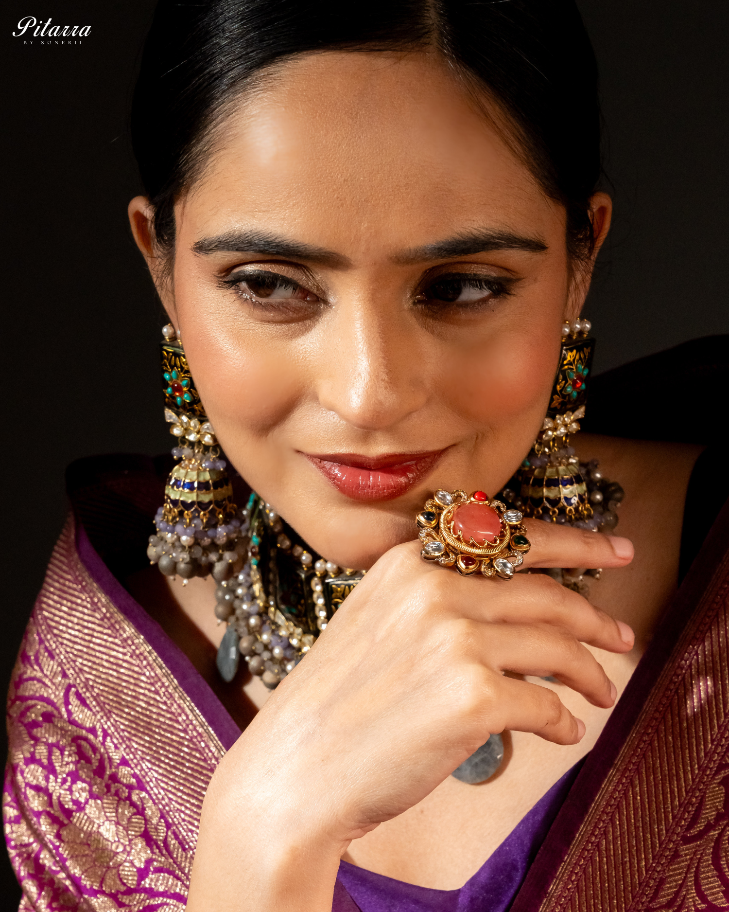 Multicolor Peach Stone Fusion Ring Luxury Fusion Jewelry Model Shoot